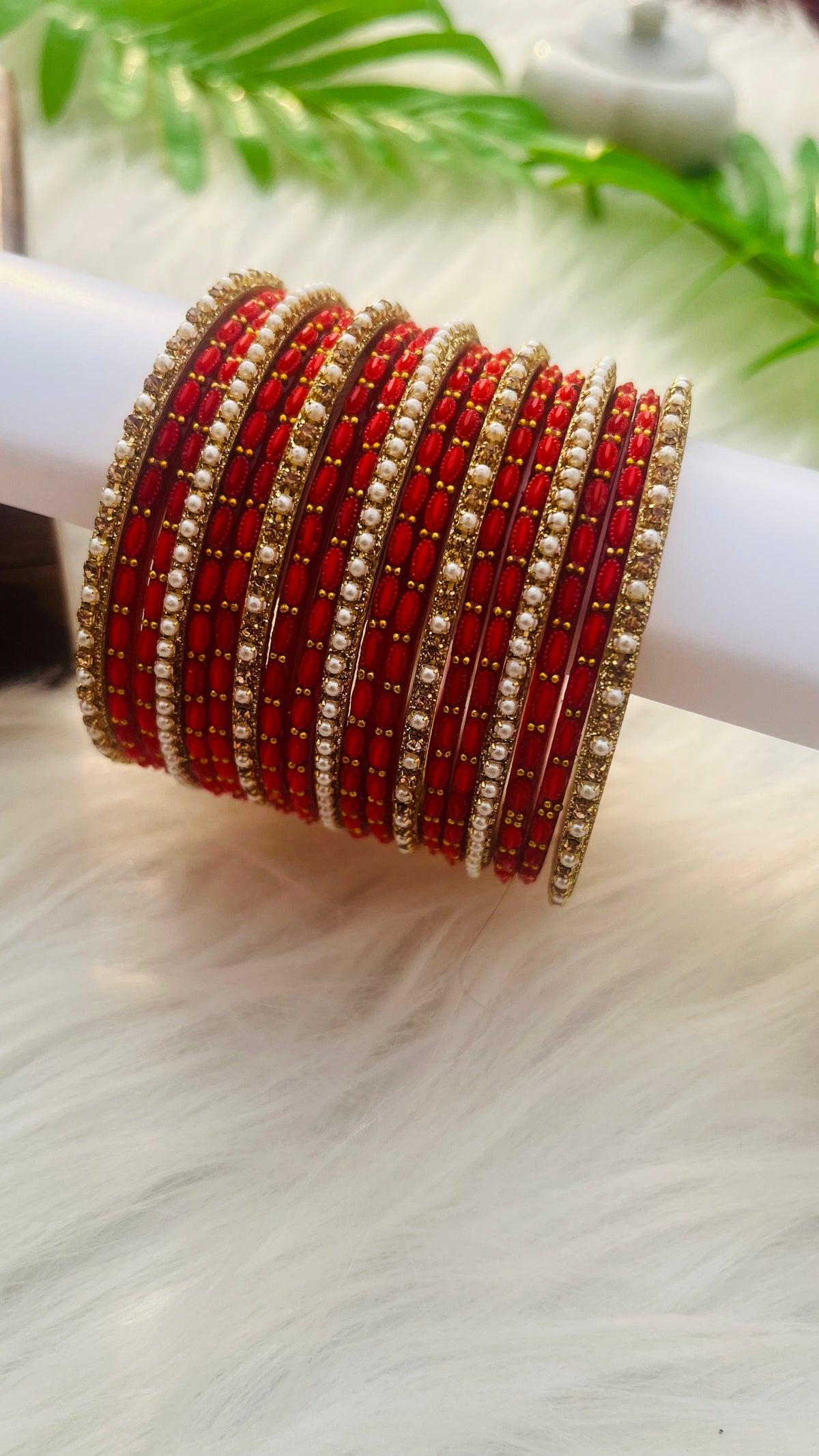 VIHANTH RED GLASS BANGLE AND GOLD PEARL METAL BANGLE VH045