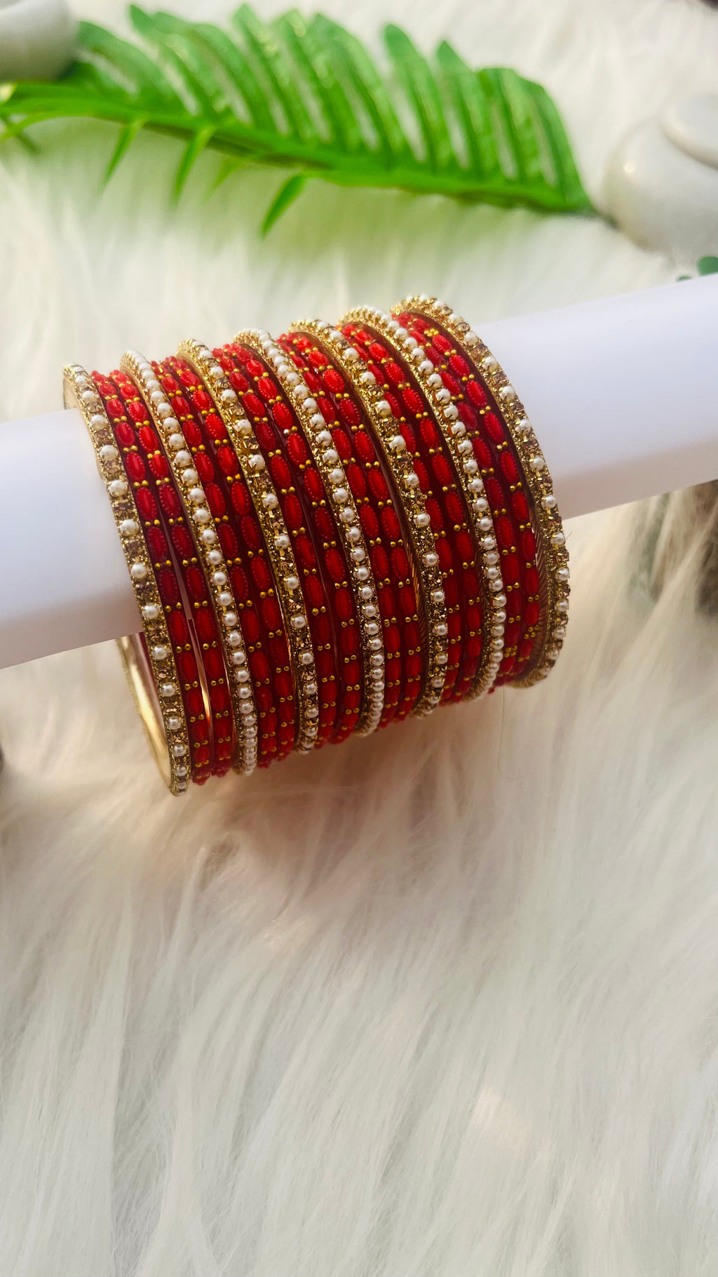 VIHANTH RED GLASS BANGLE AND GOLD PEARL METAL BANGLE VH045