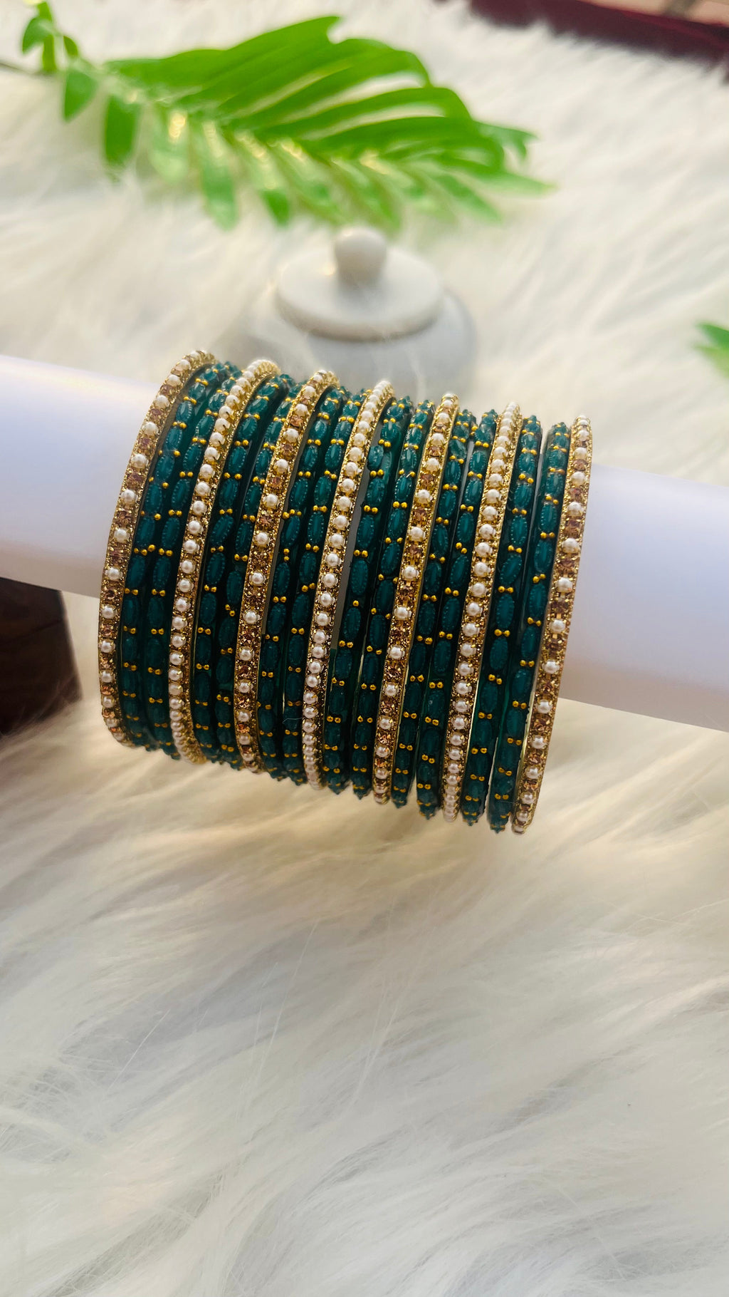 VIHANTH GREEN GLASS BANGLE AND GOLD PEARL METAL BANGLE VH043