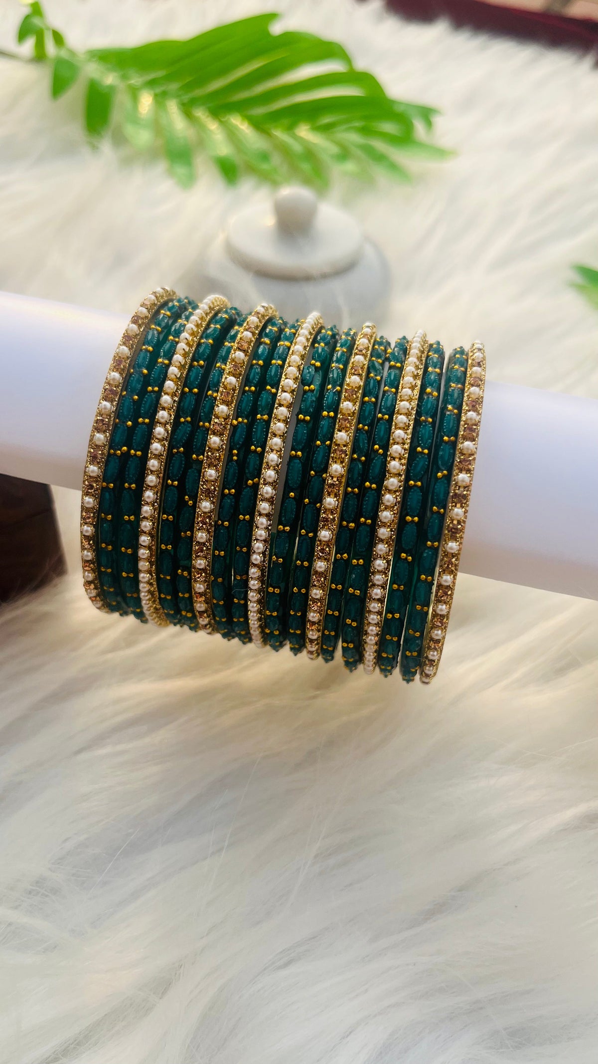 VIHANTH GREEN GLASS BANGLE AND GOLD PEARL METAL BANGLE VH043