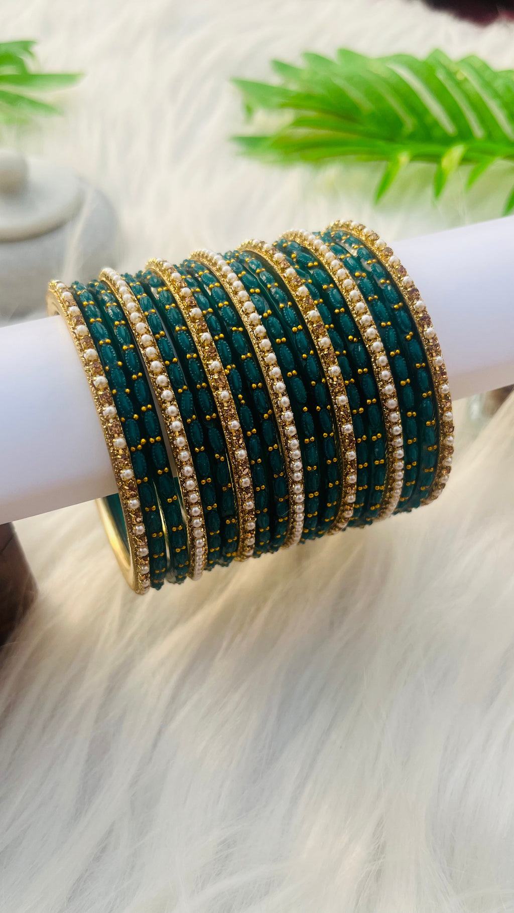 VIHANTH GREEN GLASS BANGLE AND GOLD PEARL METAL BANGLE VH043