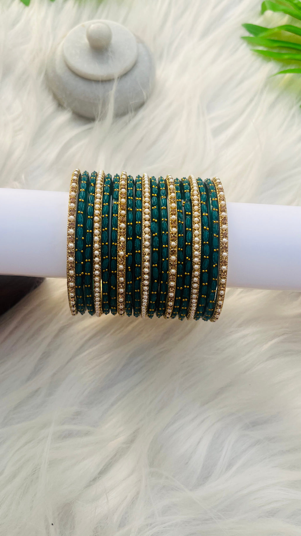 VIHANTH GREEN GLASS BANGLE AND GOLD PEARL METAL BANGLE VH043