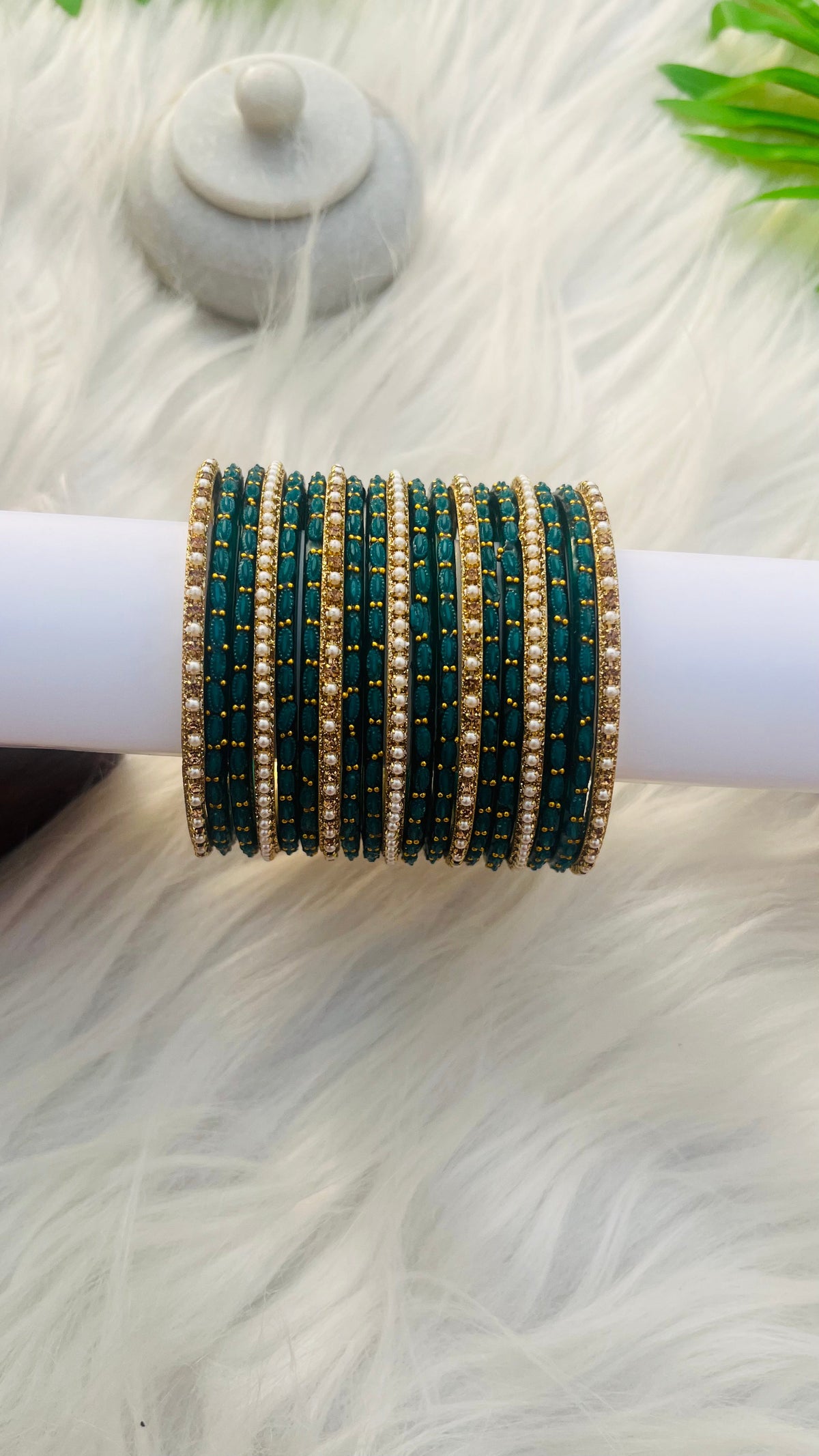 VIHANTH GREEN GLASS BANGLE AND GOLD PEARL METAL BANGLE VH043