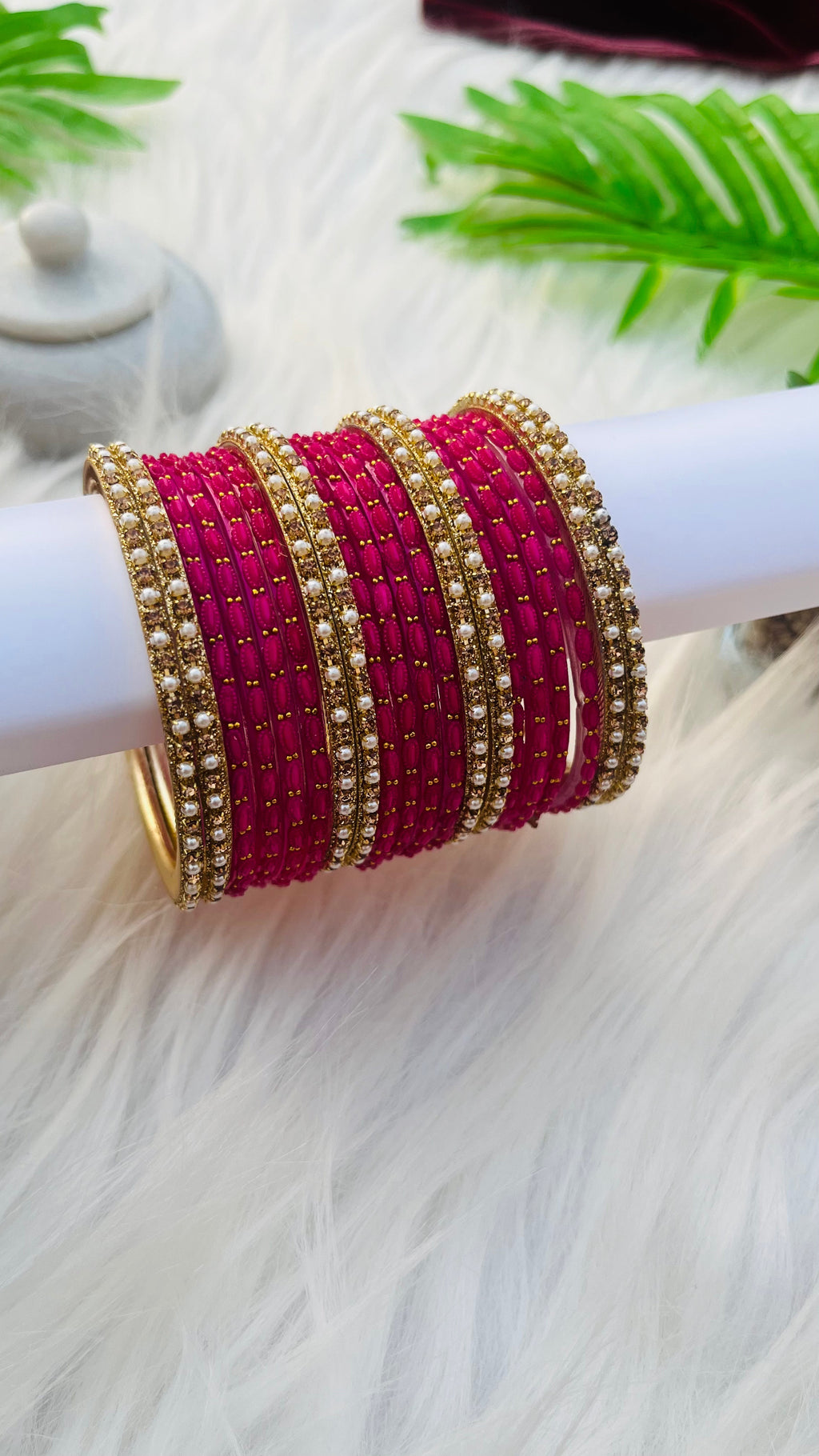 VIHANTH PINK GLASS BANGLE AND GOLD PEARL METAL BANGLE VH044