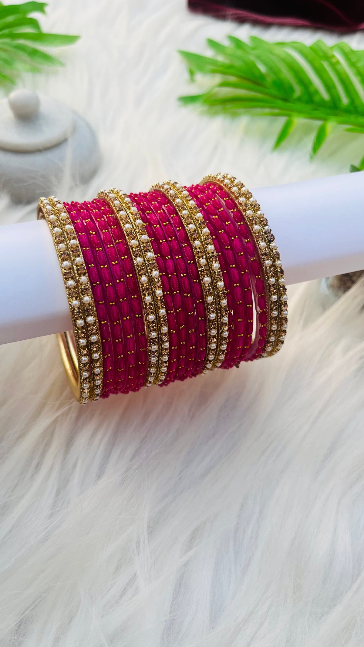 VIHANTH PINK GLASS BANGLE AND GOLD PEARL METAL BANGLE VH044
