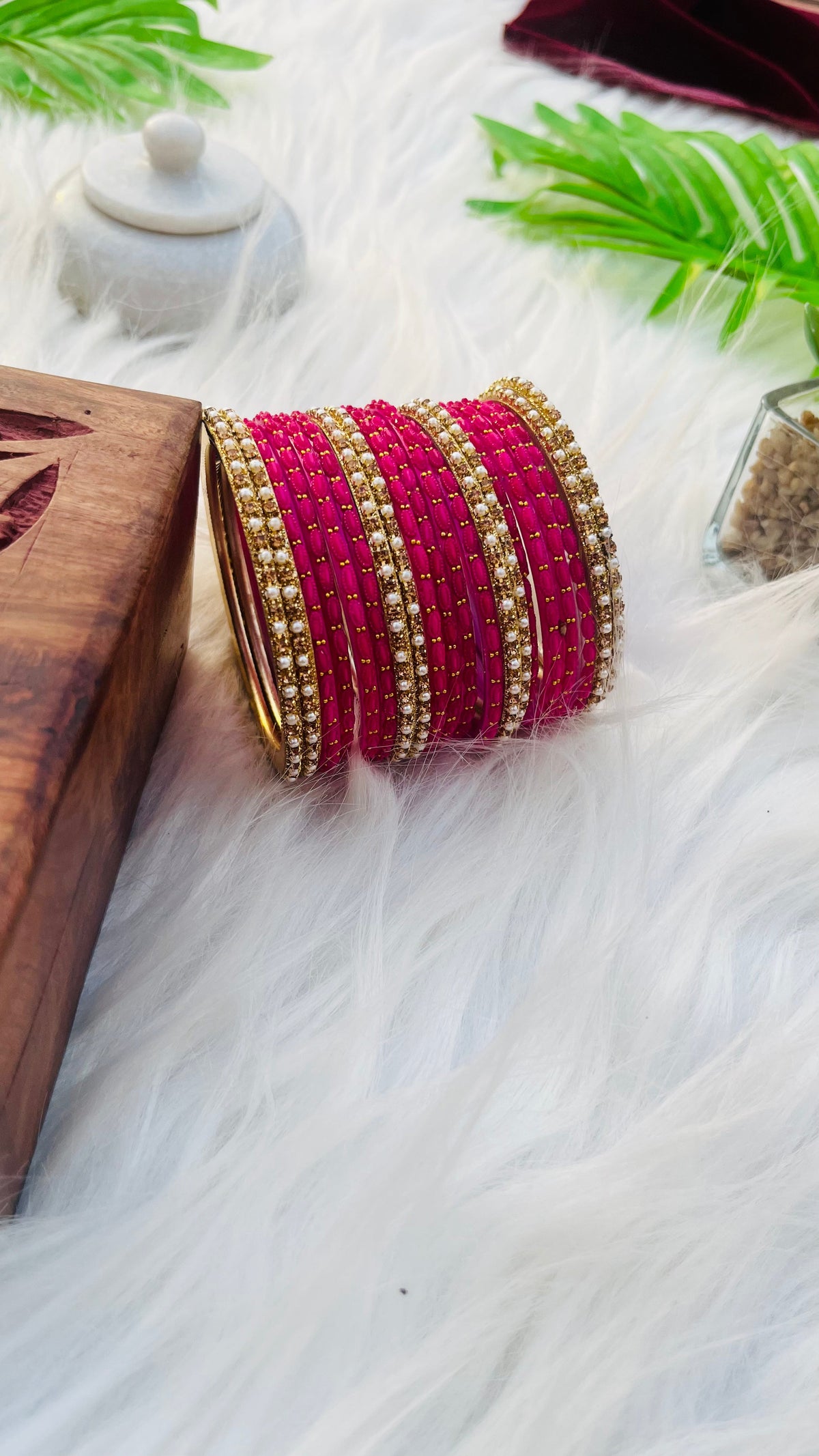 VIHANTH PINK GLASS BANGLE AND GOLD PEARL METAL BANGLE VH044