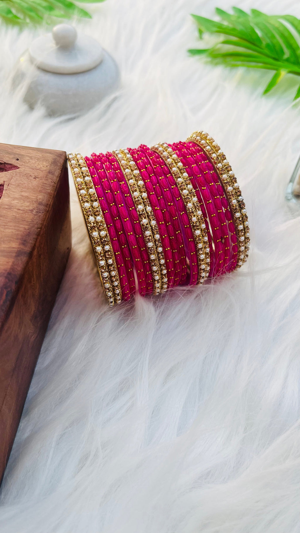 VIHANTH PINK GLASS BANGLE AND GOLD PEARL METAL BANGLE VH044