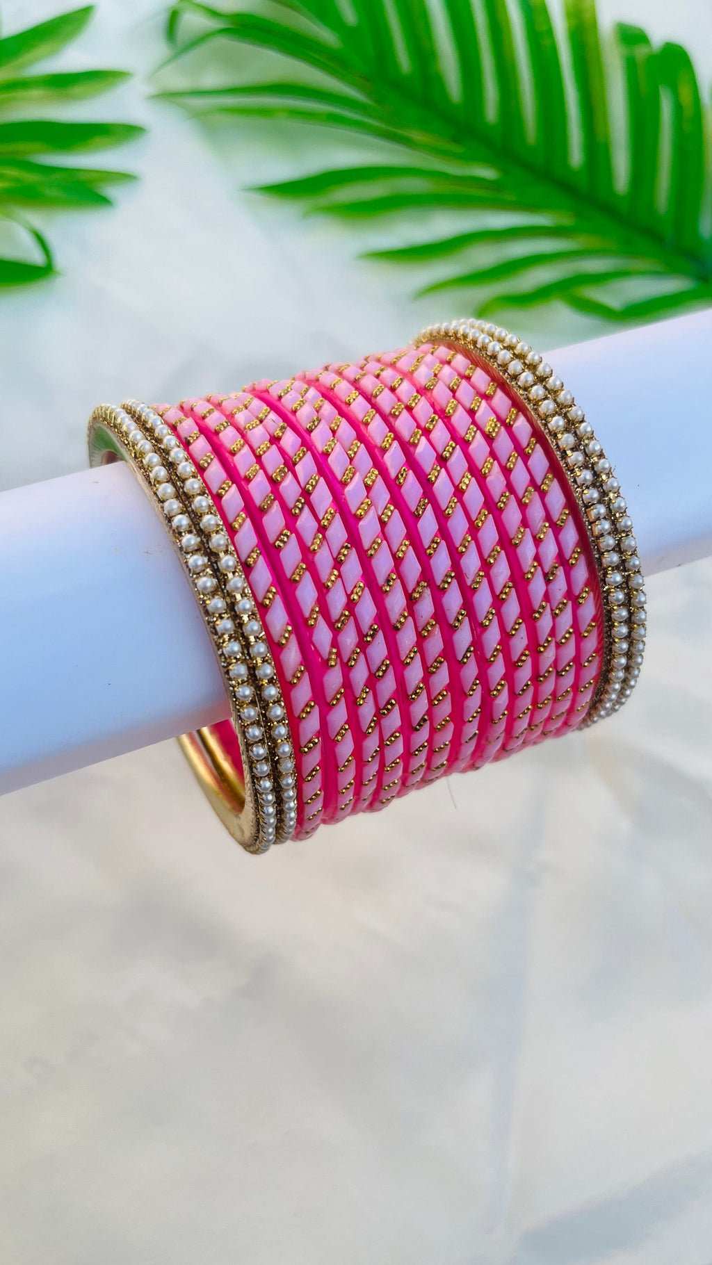 VIHANTH LITE PINK GLASS BANGLE AND WHITE PEARL METAL BANGLE VH048