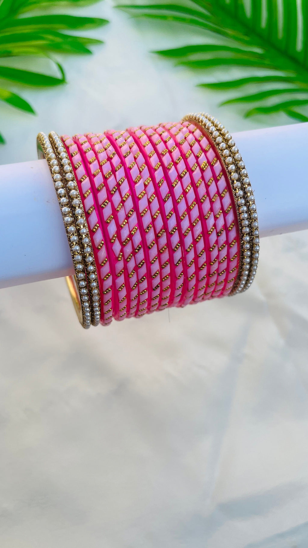 VIHANTH LITE PINK GLASS BANGLE AND WHITE PEARL METAL BANGLE VH048