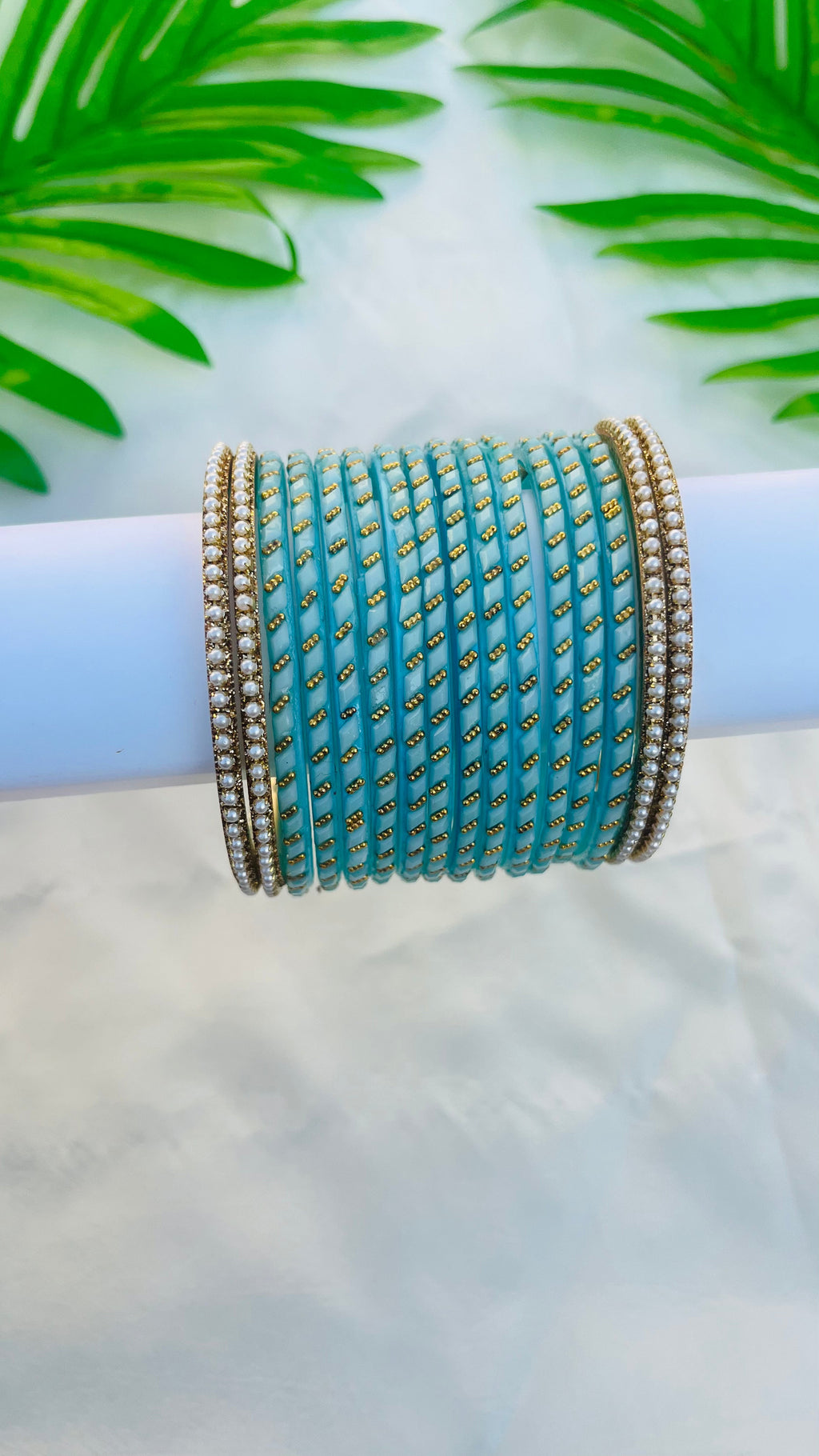 VIHANTH CYAN GLASS BANGLE AND WHITE PEARL METAL BANGLE VH049