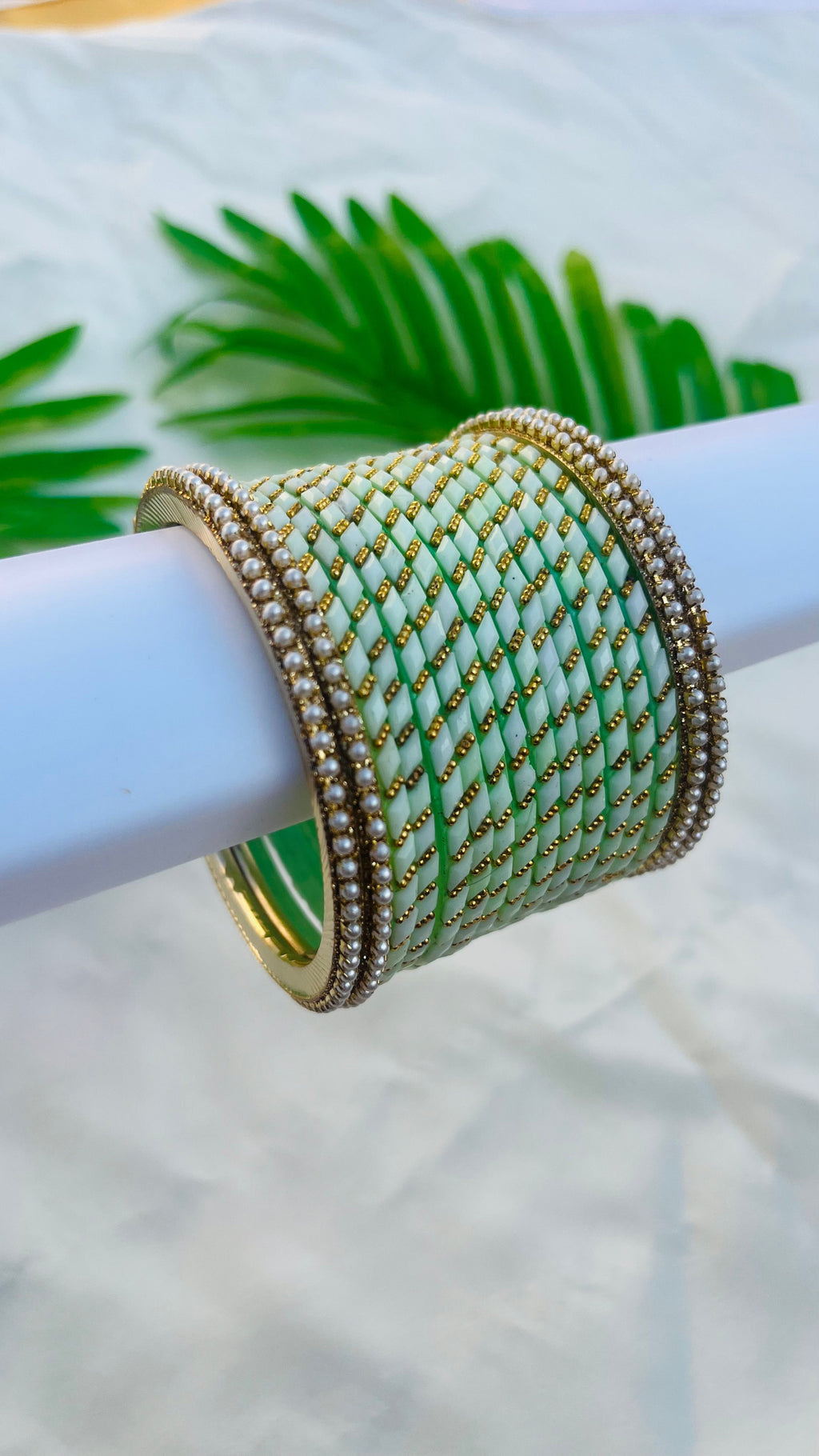 VIHANTH PISTA GREEN GLASS BANGLE AND WHITE PEARL METAL BANGLE VH050