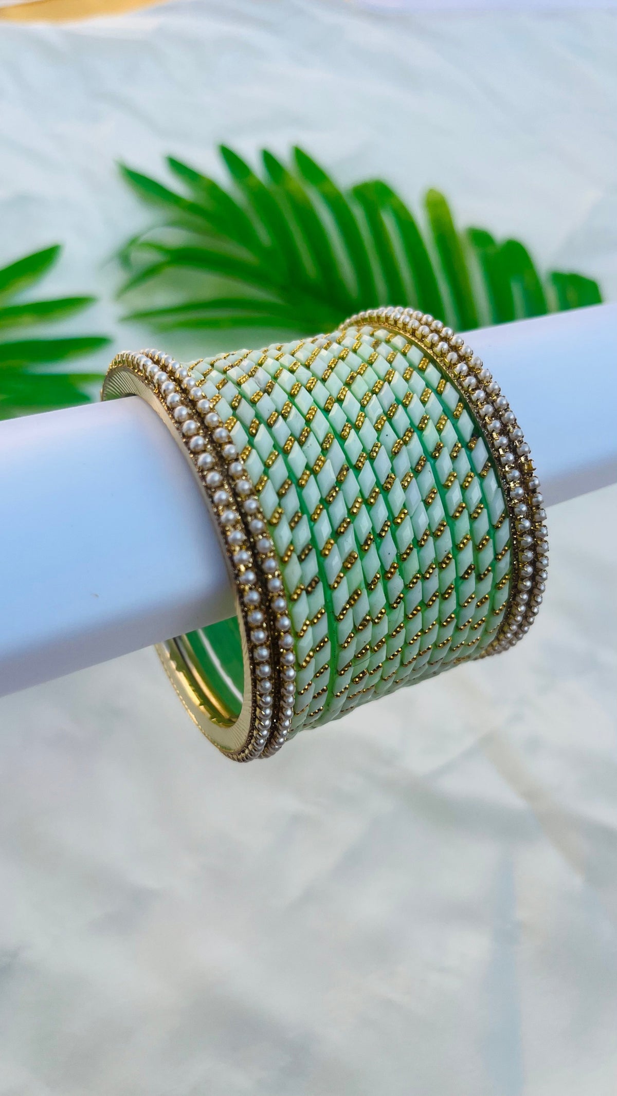 VIHANTH PISTA GREEN GLASS BANGLE AND WHITE PEARL METAL BANGLE VH050