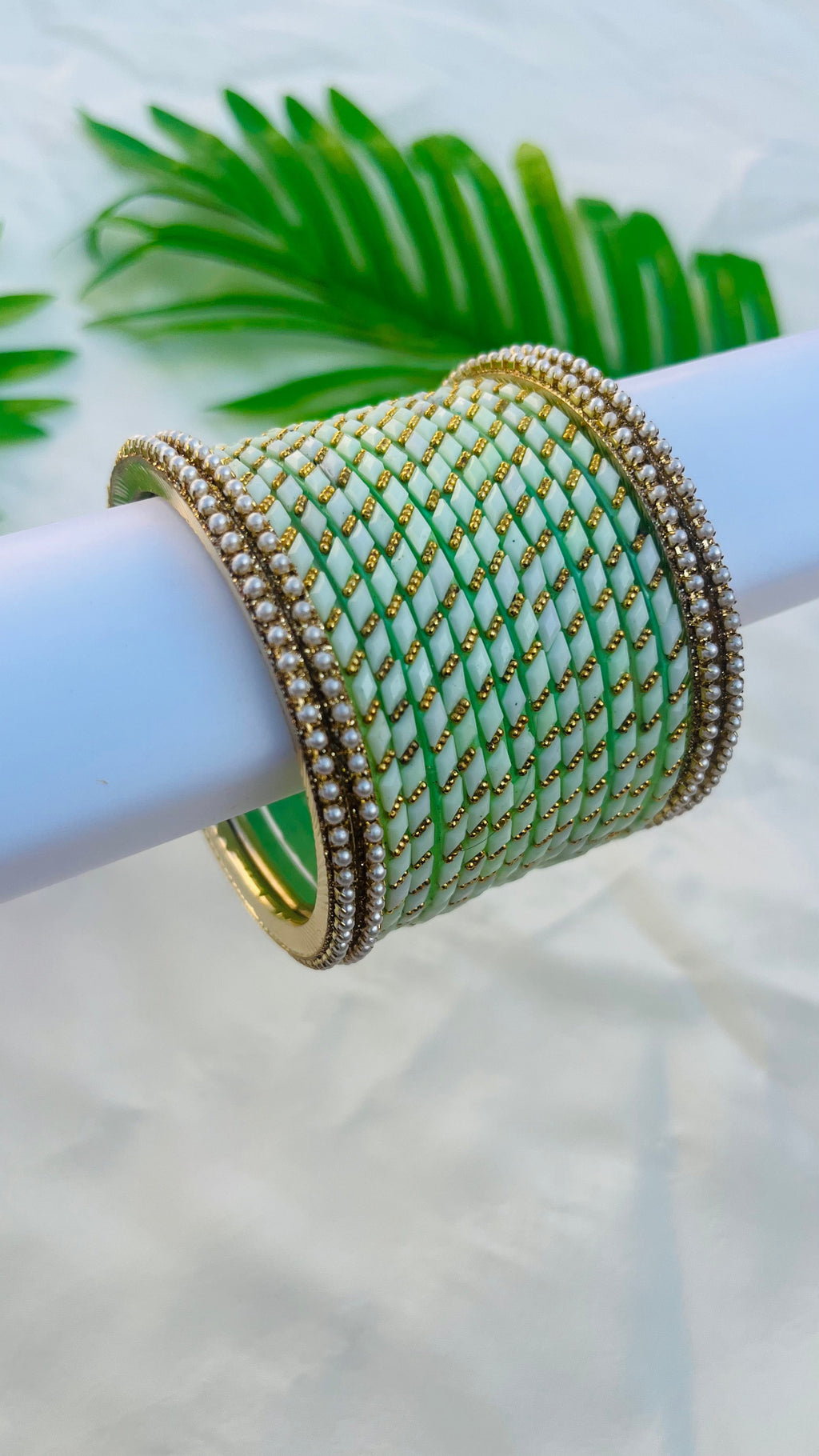VIHANTH PISTA GREEN GLASS BANGLE AND WHITE PEARL METAL BANGLE VH050