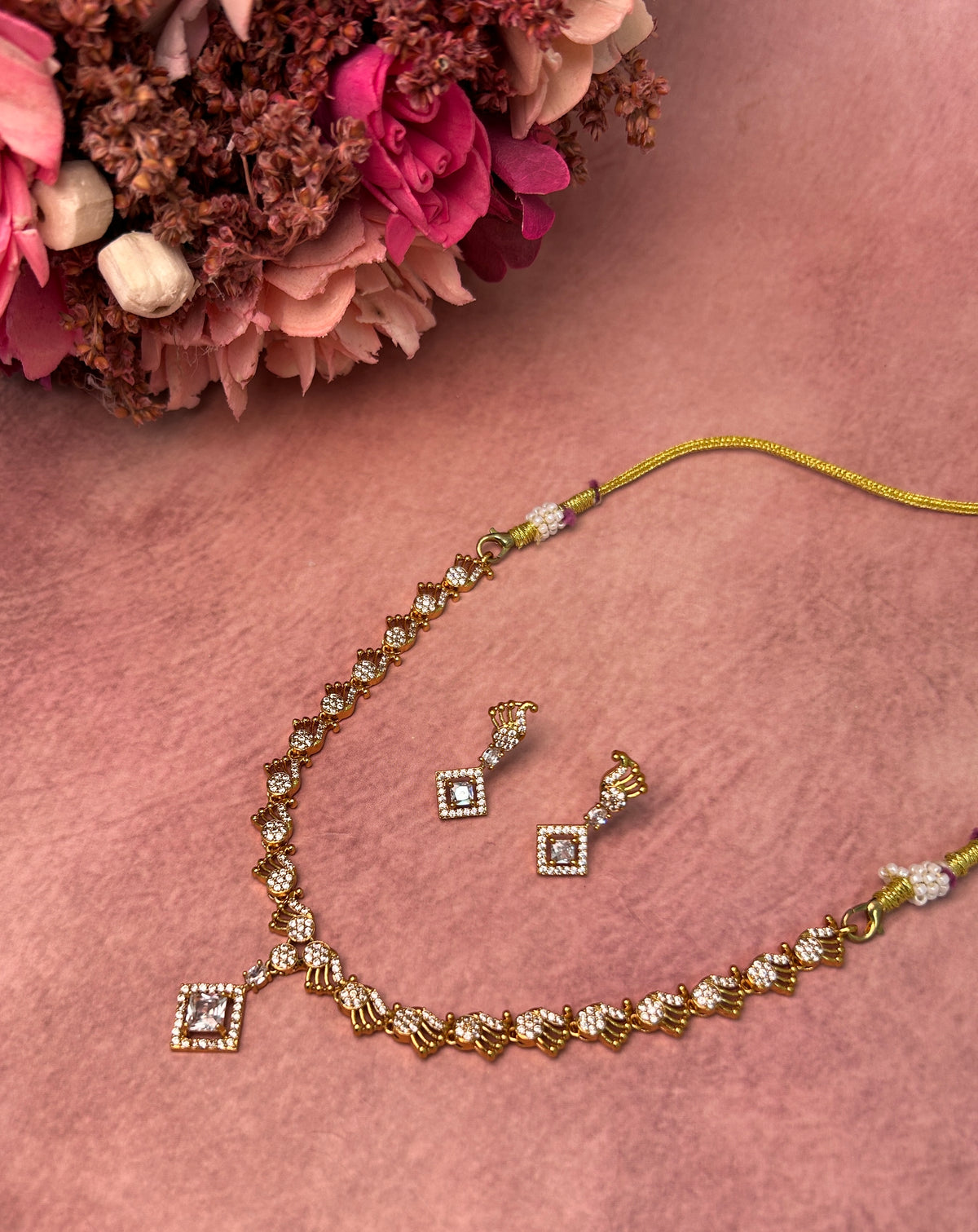 Square cut pendant American Diamond Necklace Set