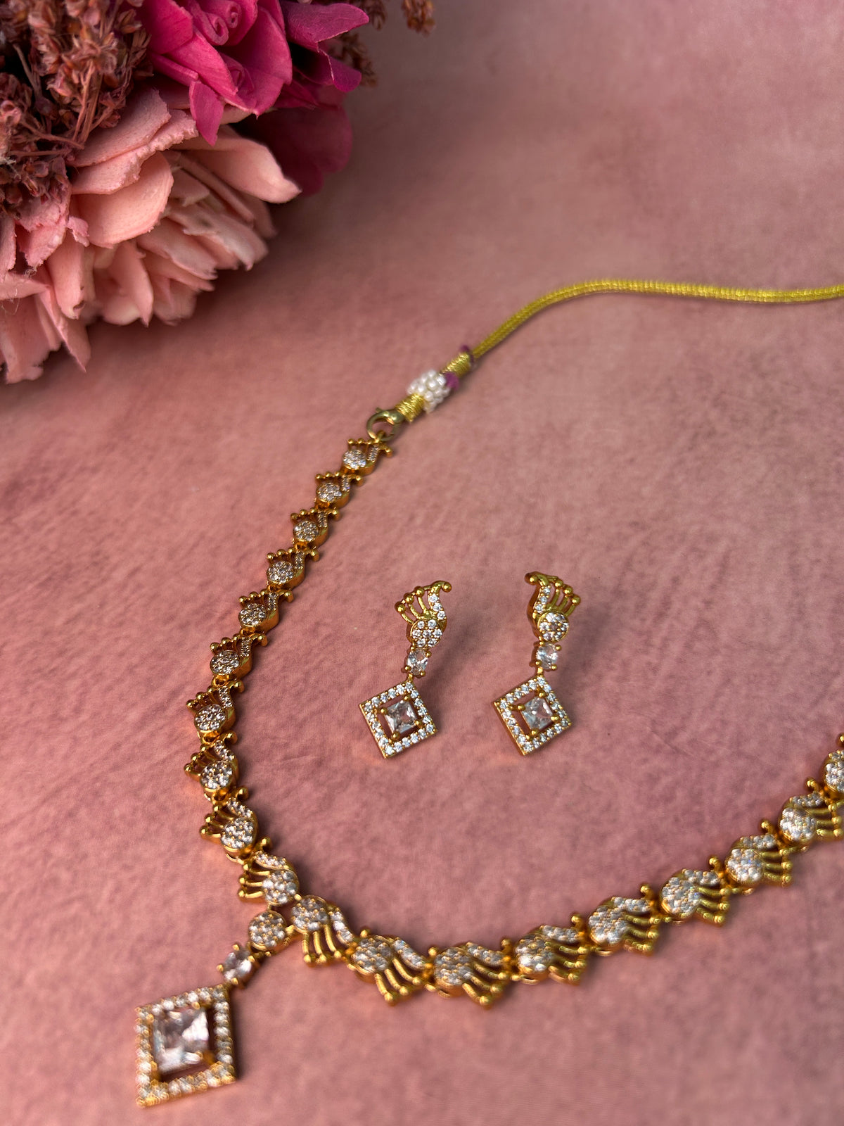 Square cut pendant American Diamond Necklace Set