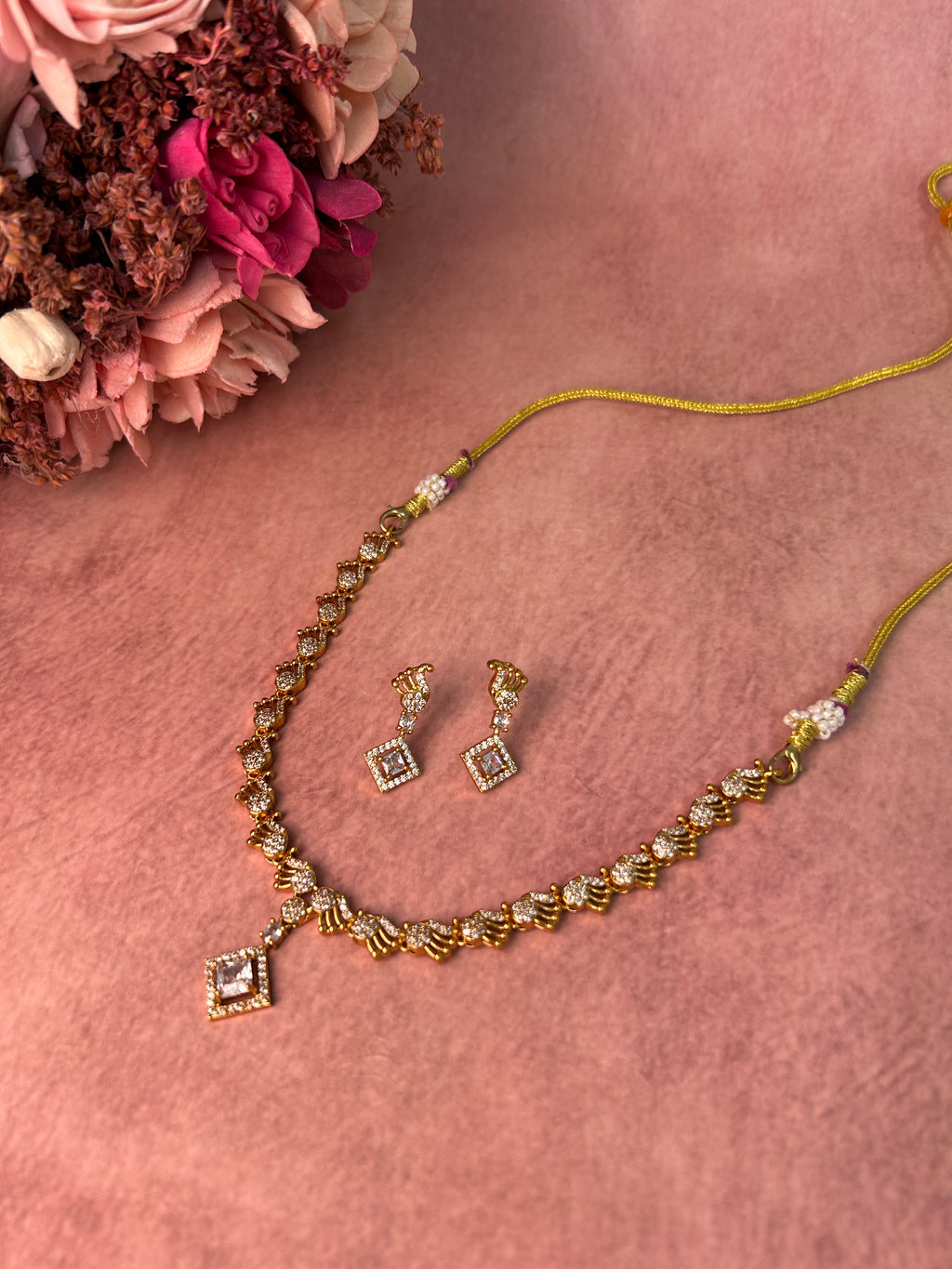 Square cut pendant American Diamond Necklace Set