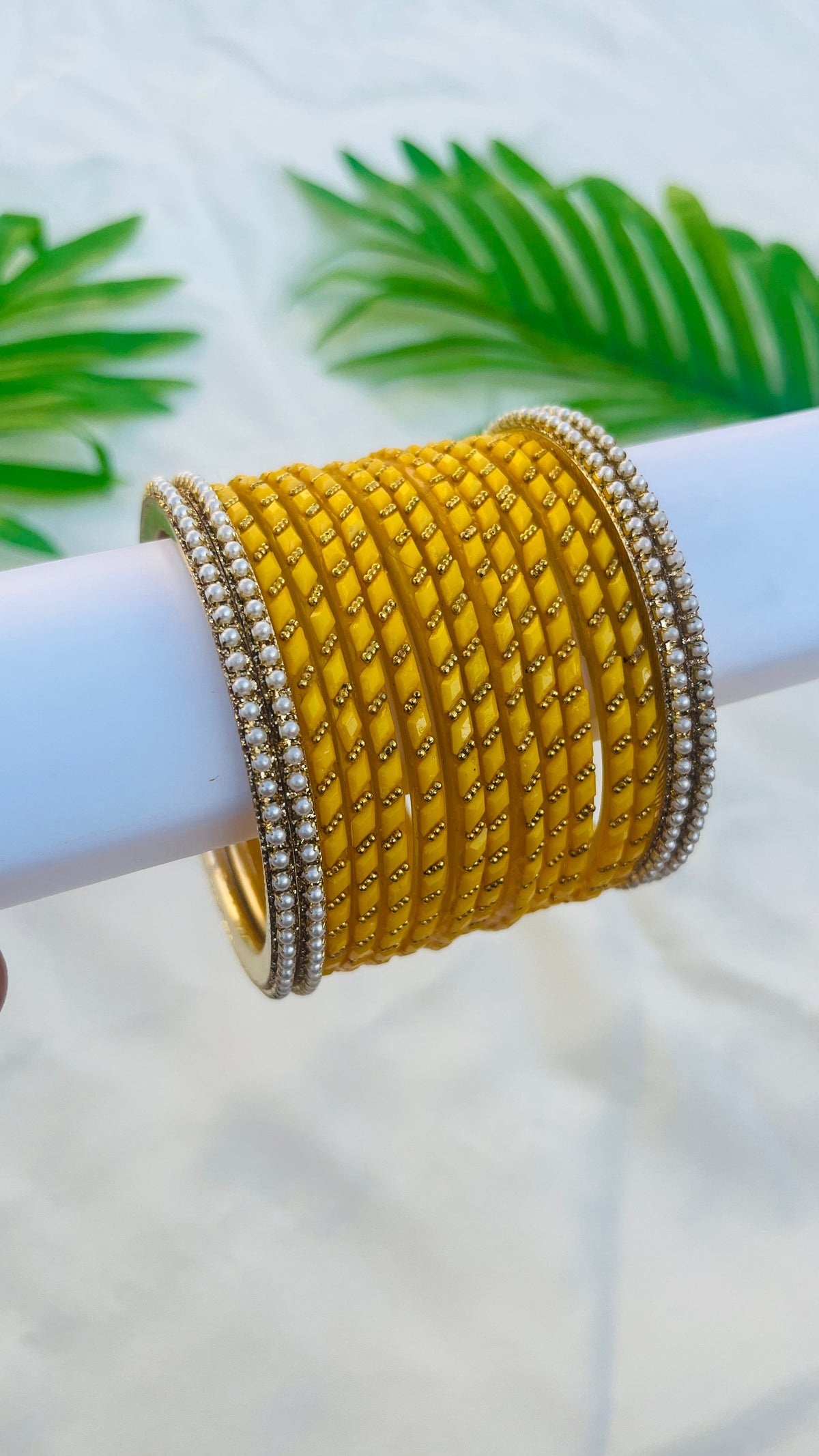 VIHANTH YELLOW GLASS BANGLE AND WHITE PEARL METAL BANGLE VH051