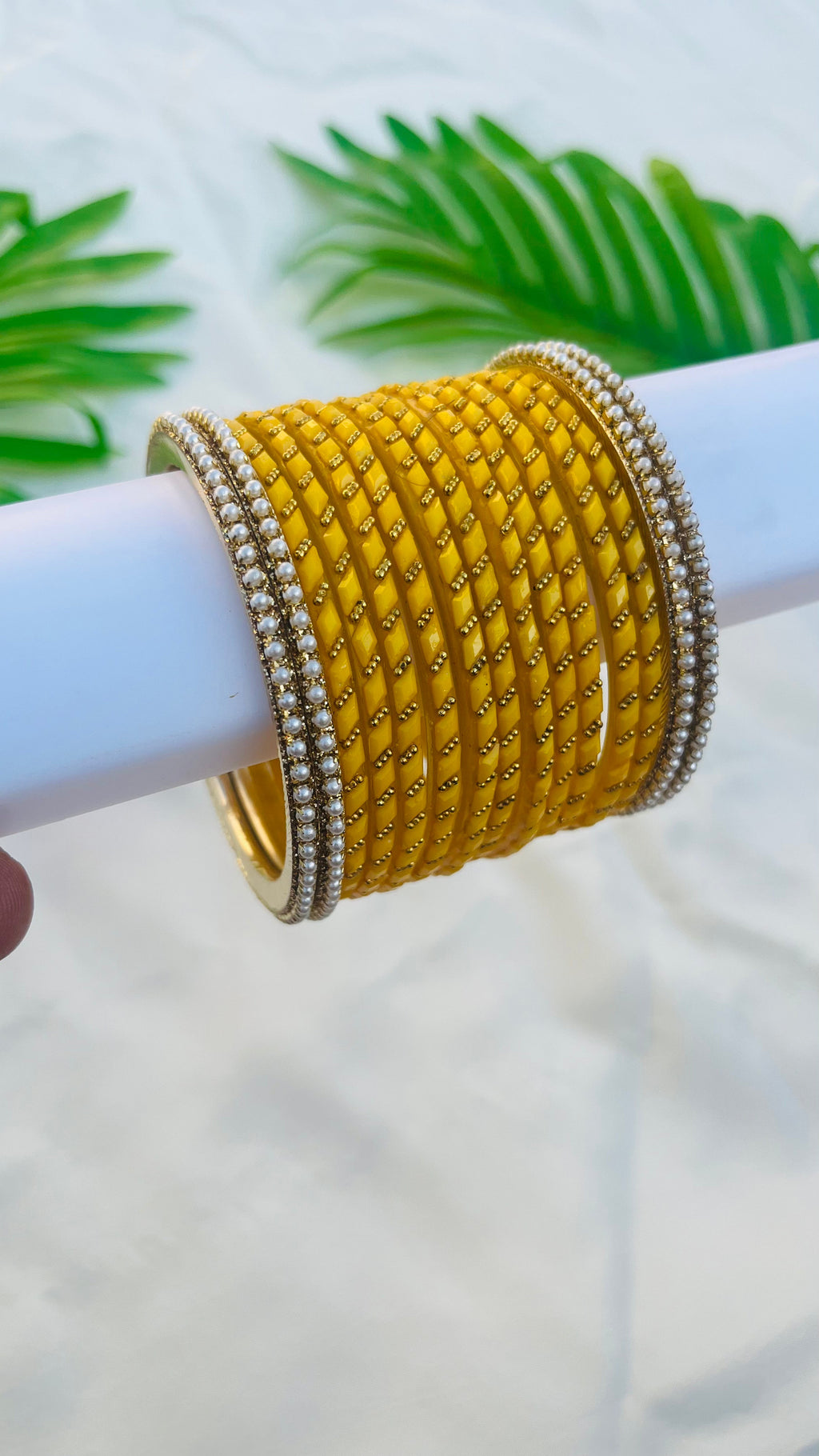 VIHANTH YELLOW GLASS BANGLE AND WHITE PEARL METAL BANGLE VH051