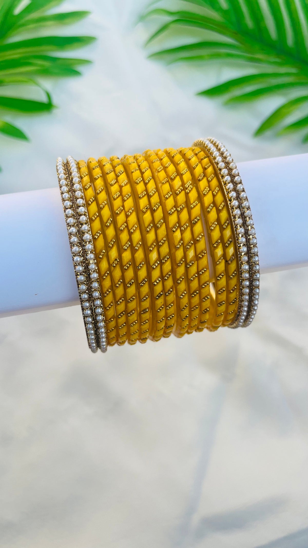 VIHANTH YELLOW GLASS BANGLE AND WHITE PEARL METAL BANGLE VH051