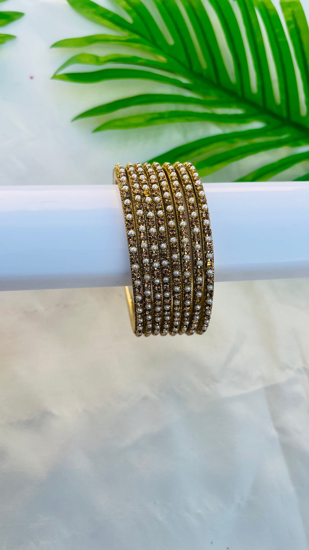VIHANTH GOLD STONE AND WHITE PEARL METAL BANGLE VH059