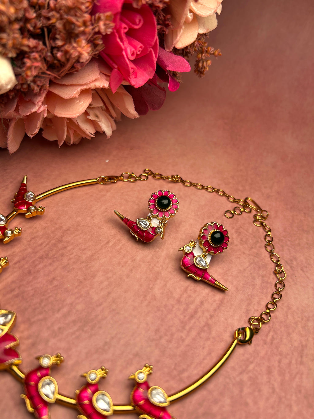 Pink Parrot Motif Gold Toned Hasli Choker set