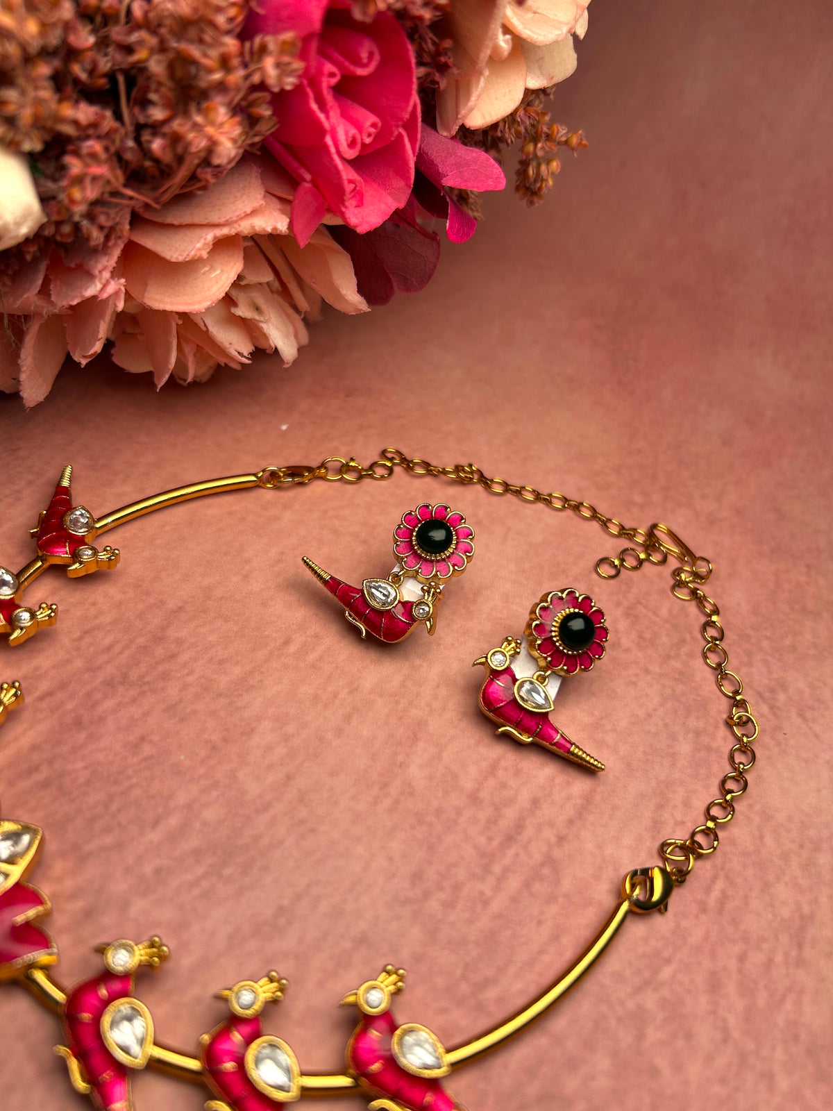 Pink Parrot Motif Gold Toned Hasli Choker set