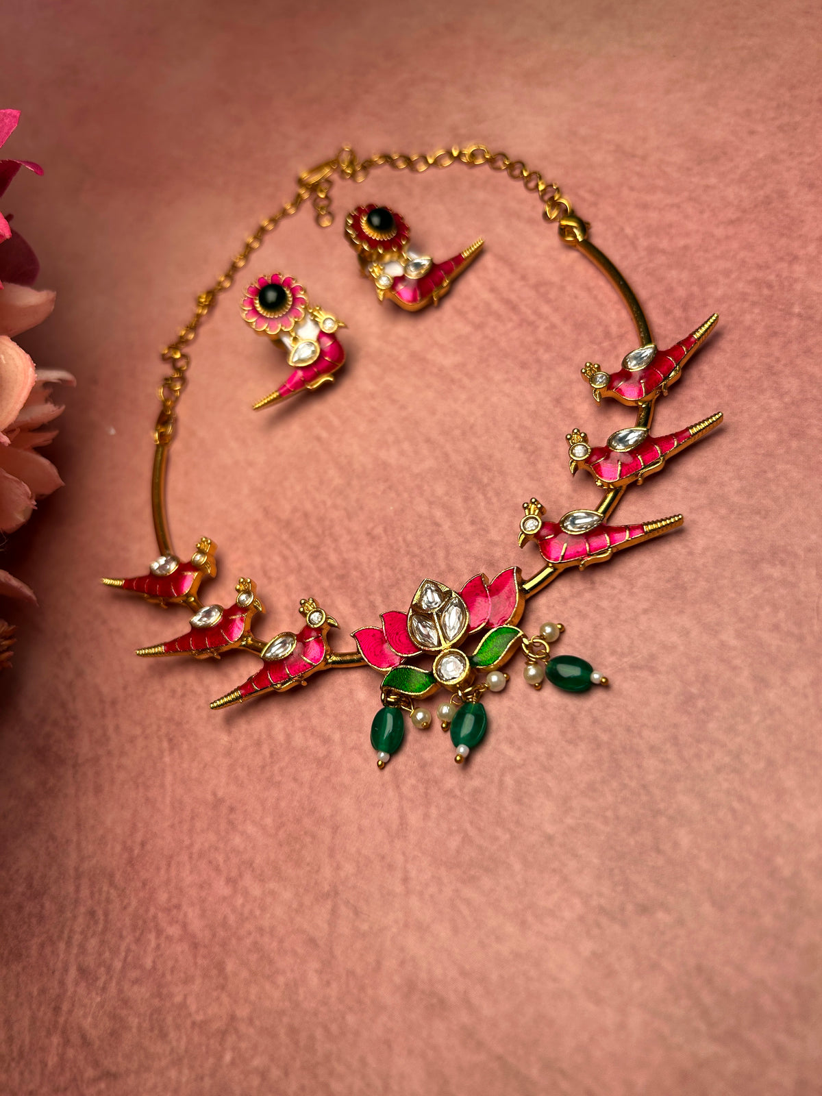 Pink Parrot Motif Gold Toned Hasli Choker set