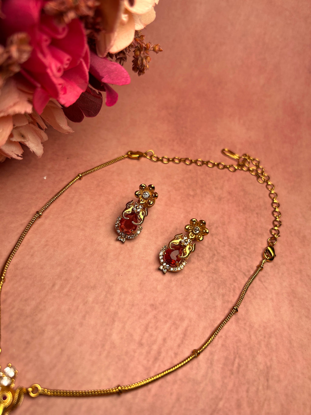 Ruby Stone Elephant Motif Pendant Chain Set
