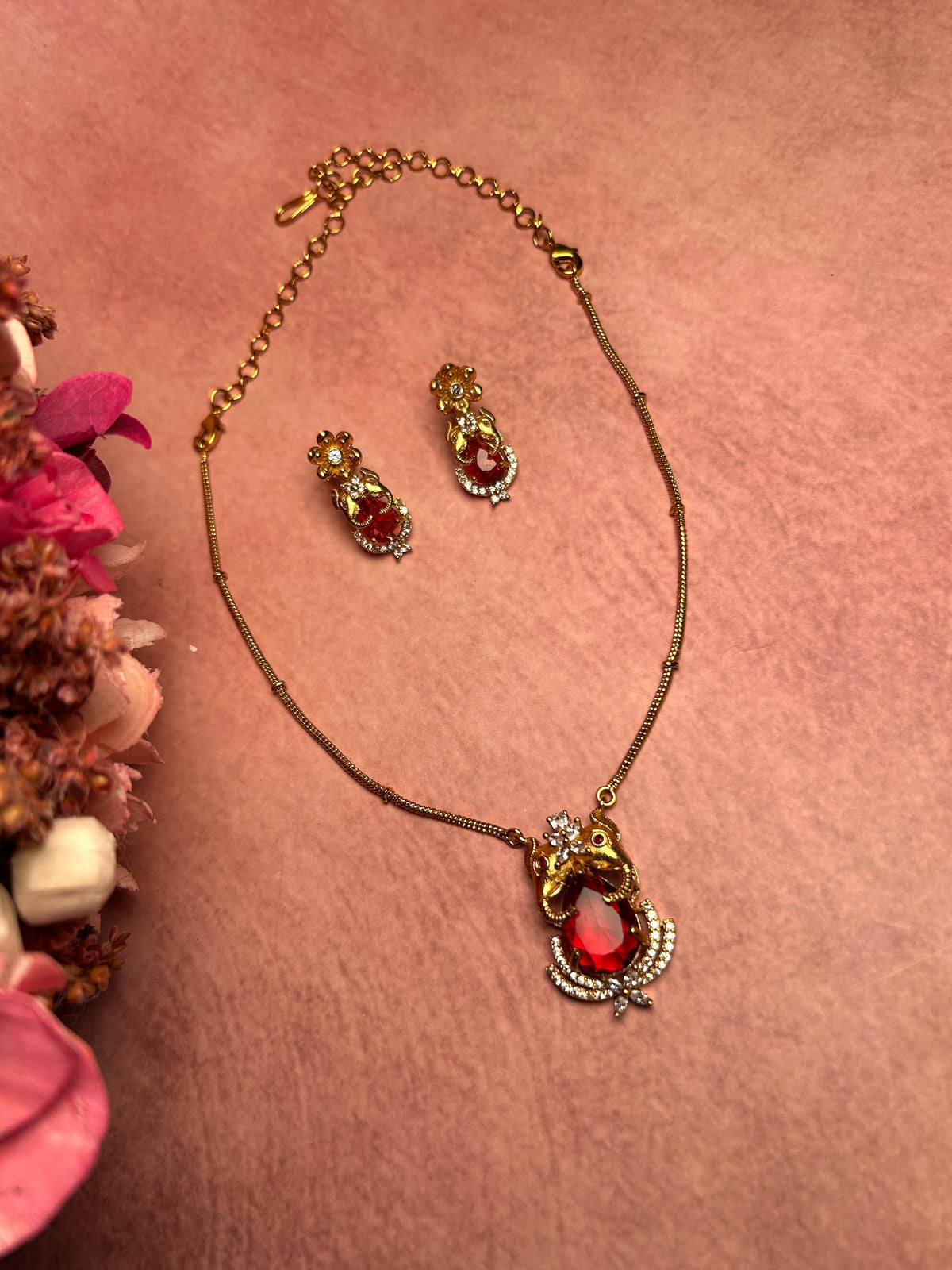 Ruby Stone Elephant Motif Pendant Chain Set