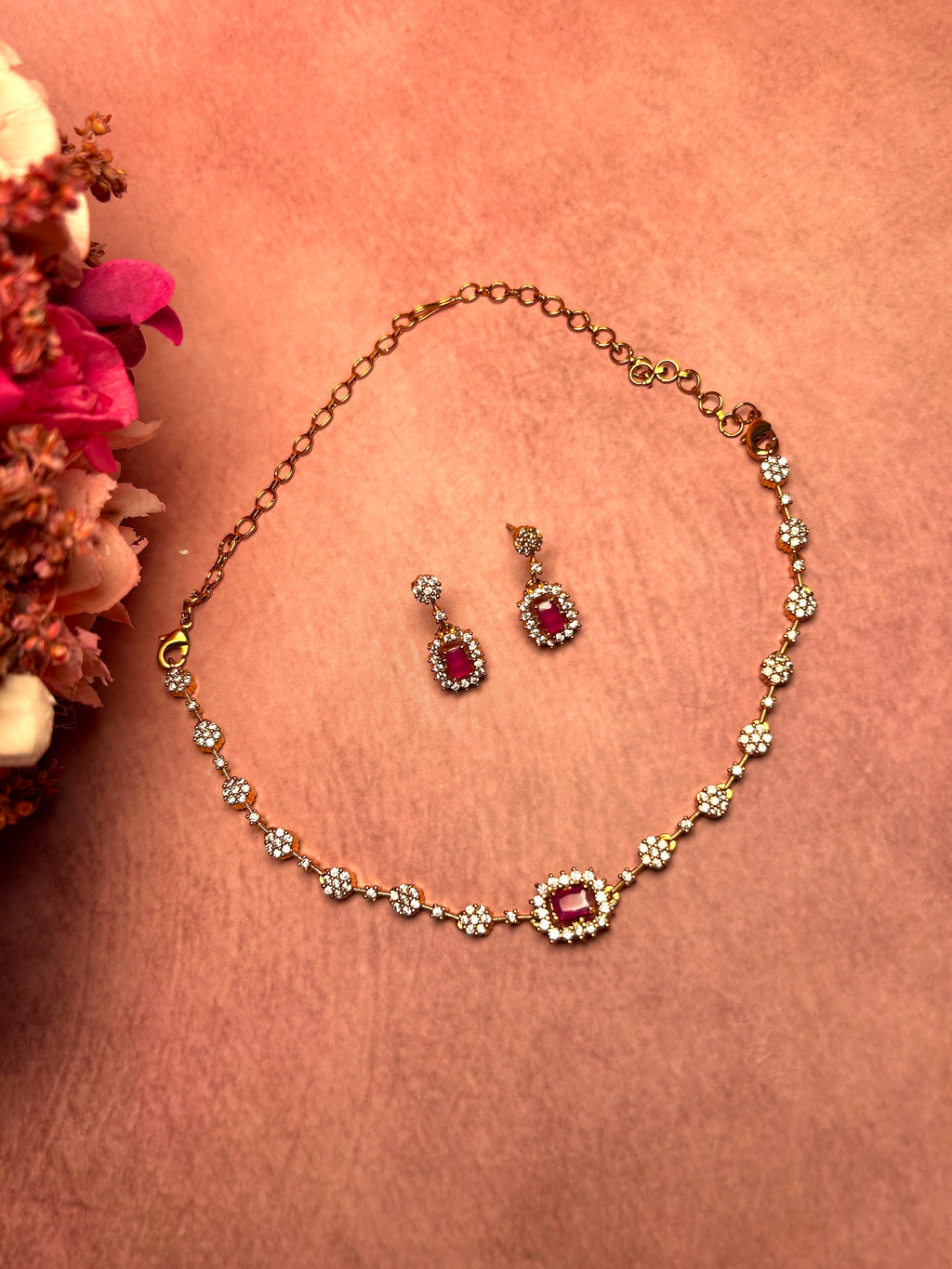 Ruby Stoned American Diamond Necklace Set