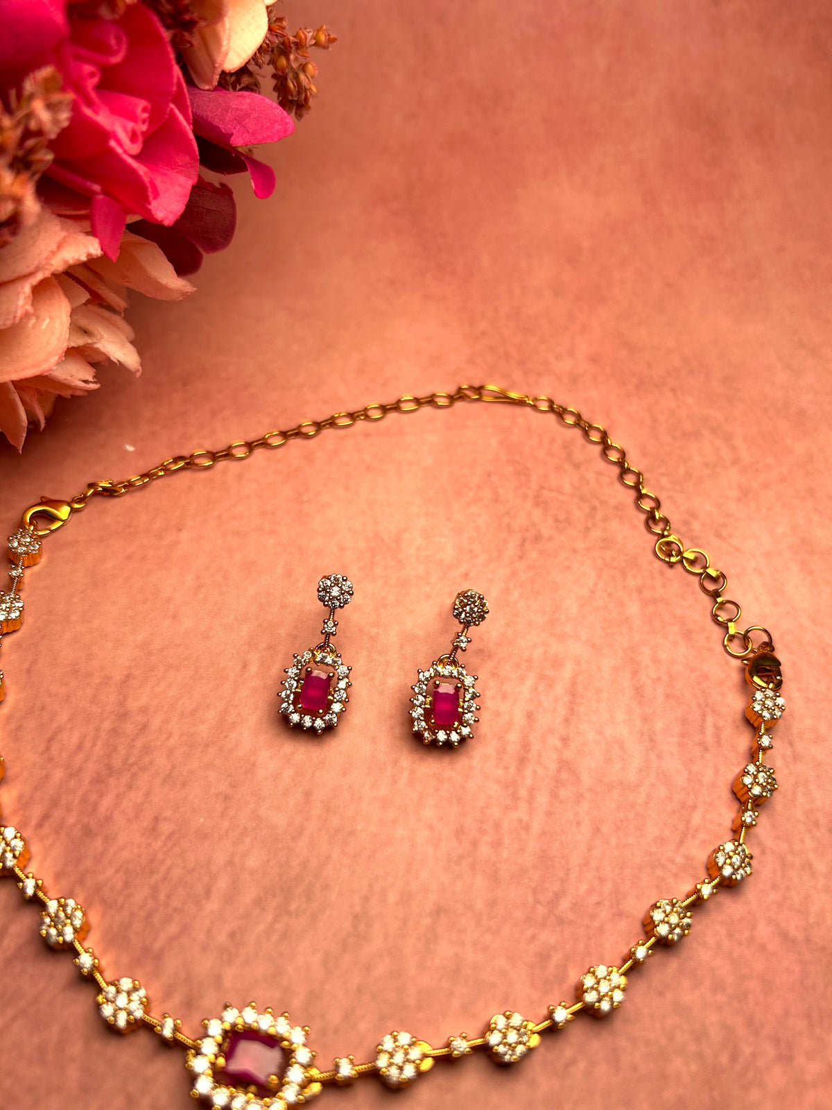 Ruby Stoned American Diamond Necklace Set