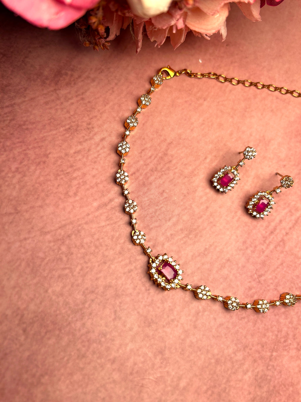 Ruby Stoned American Diamond Necklace Set