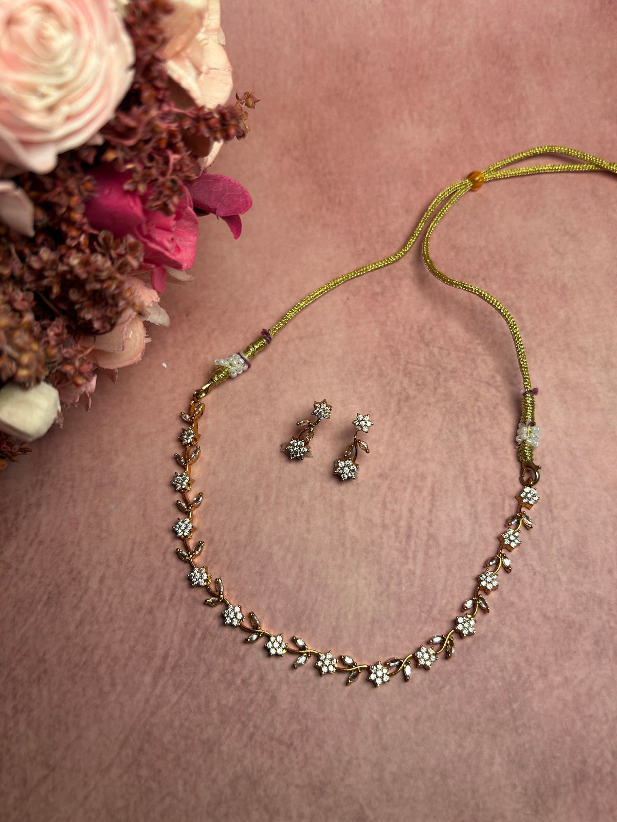 Floral Motif American Diamond Necklace Set
