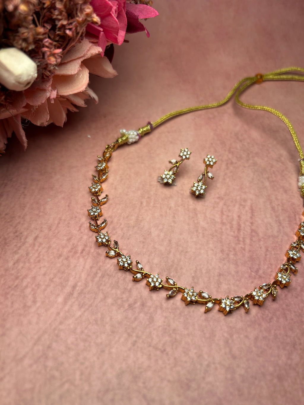 Floral Motif American Diamond Necklace Set