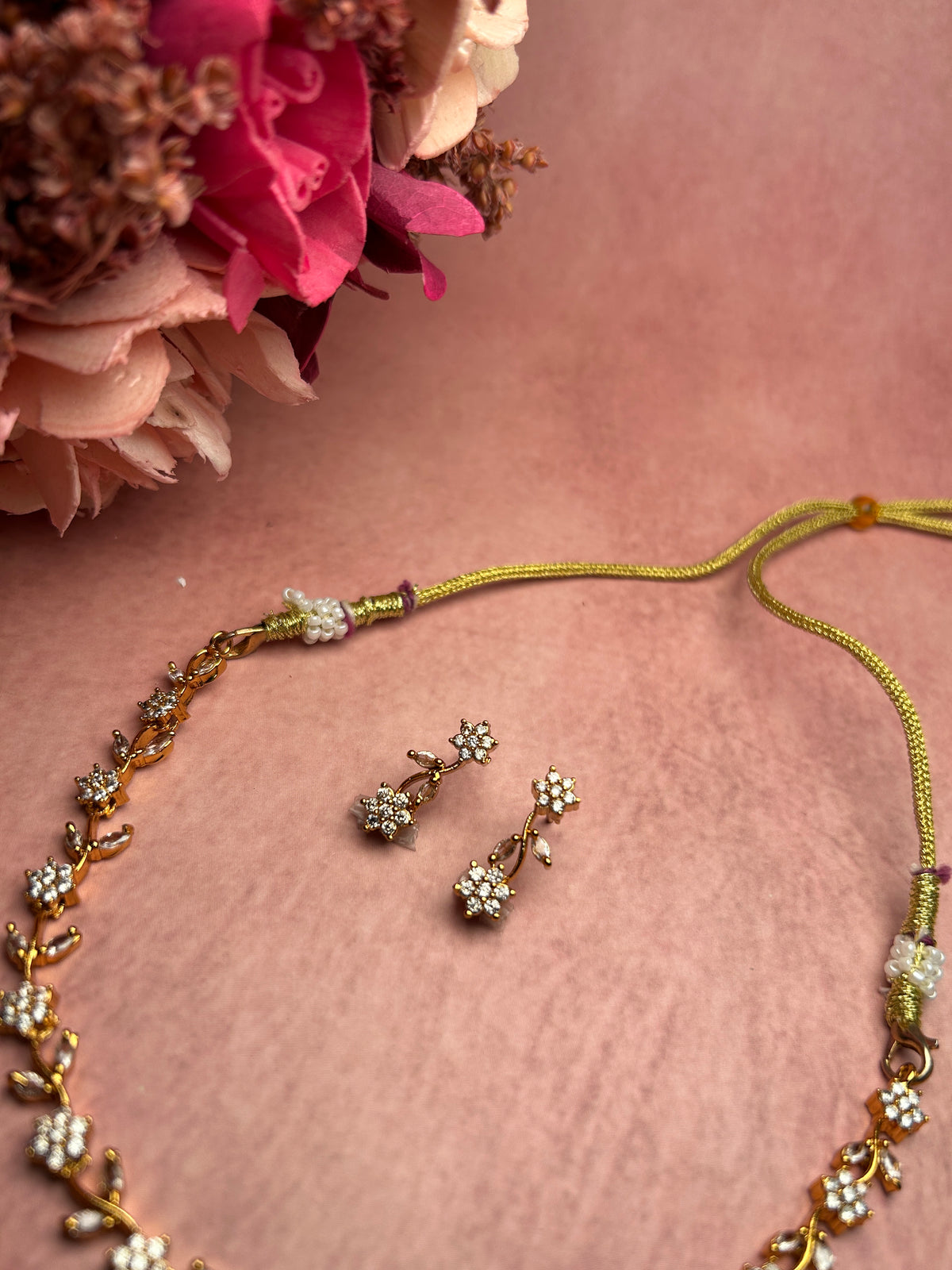 Floral Motif American Diamond Necklace Set
