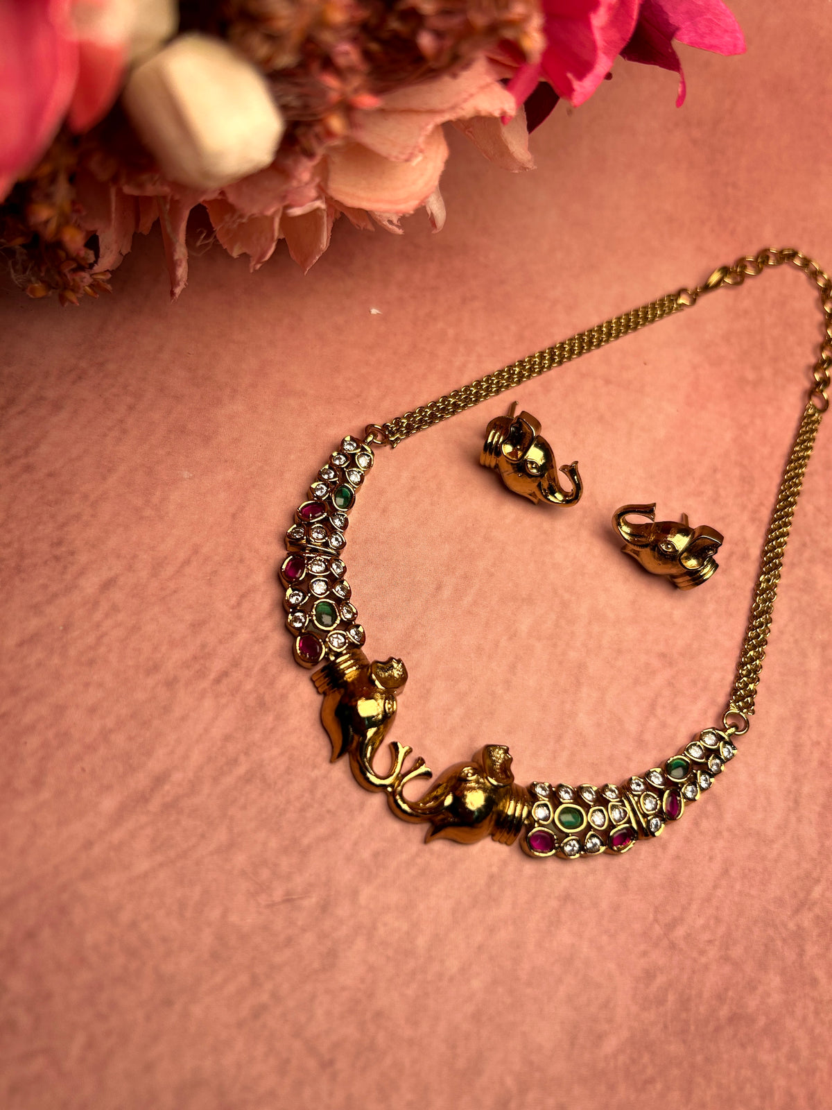 Elephant motif Ruby & Green Stone Hasli Necklace set