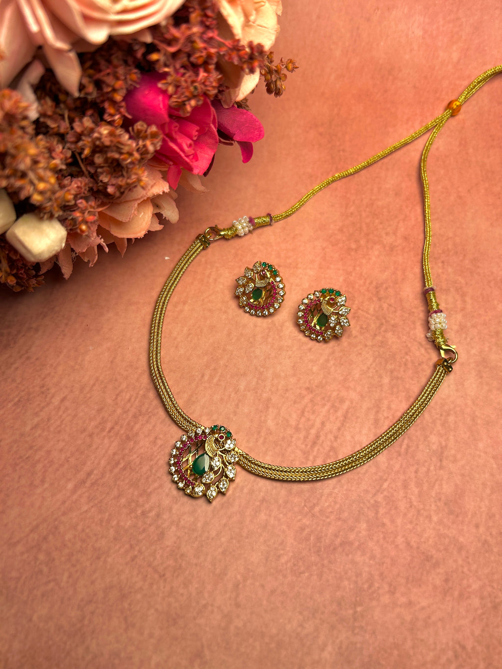 Peacock Studded American Diamond Necklace Set