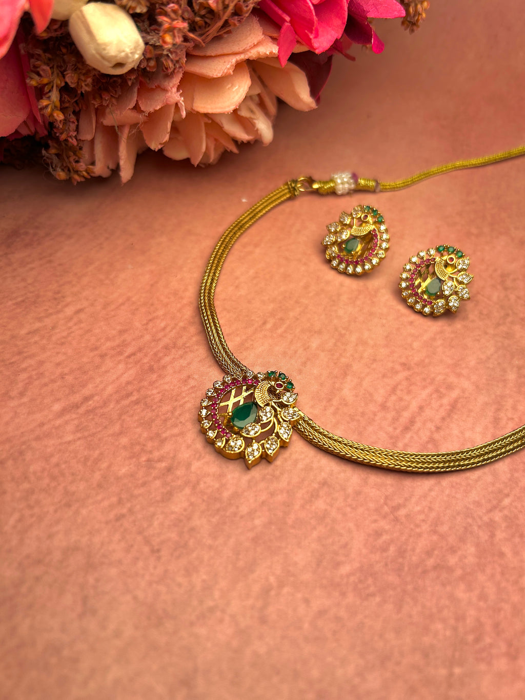 Peacock Studded American Diamond Necklace Set
