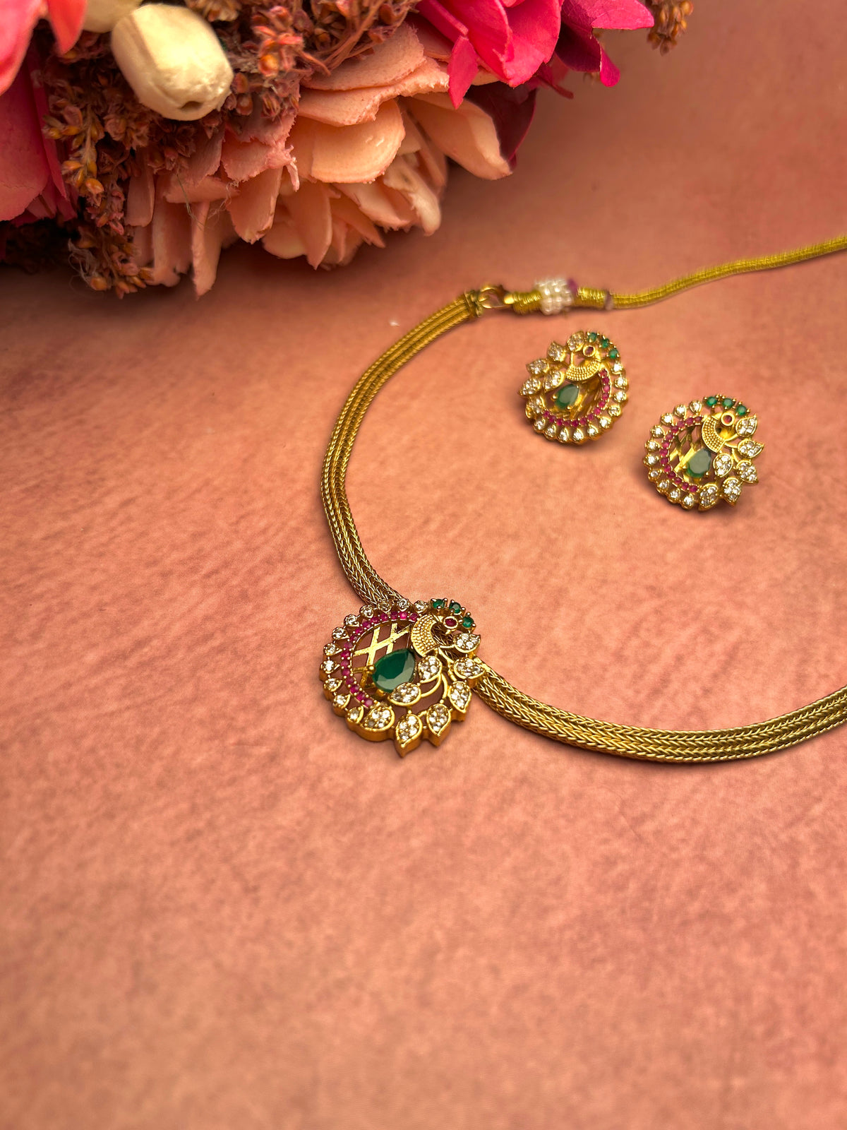 Peacock Studded American Diamond Necklace Set