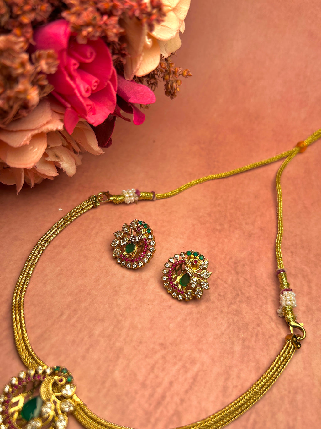 Peacock Studded American Diamond Necklace Set