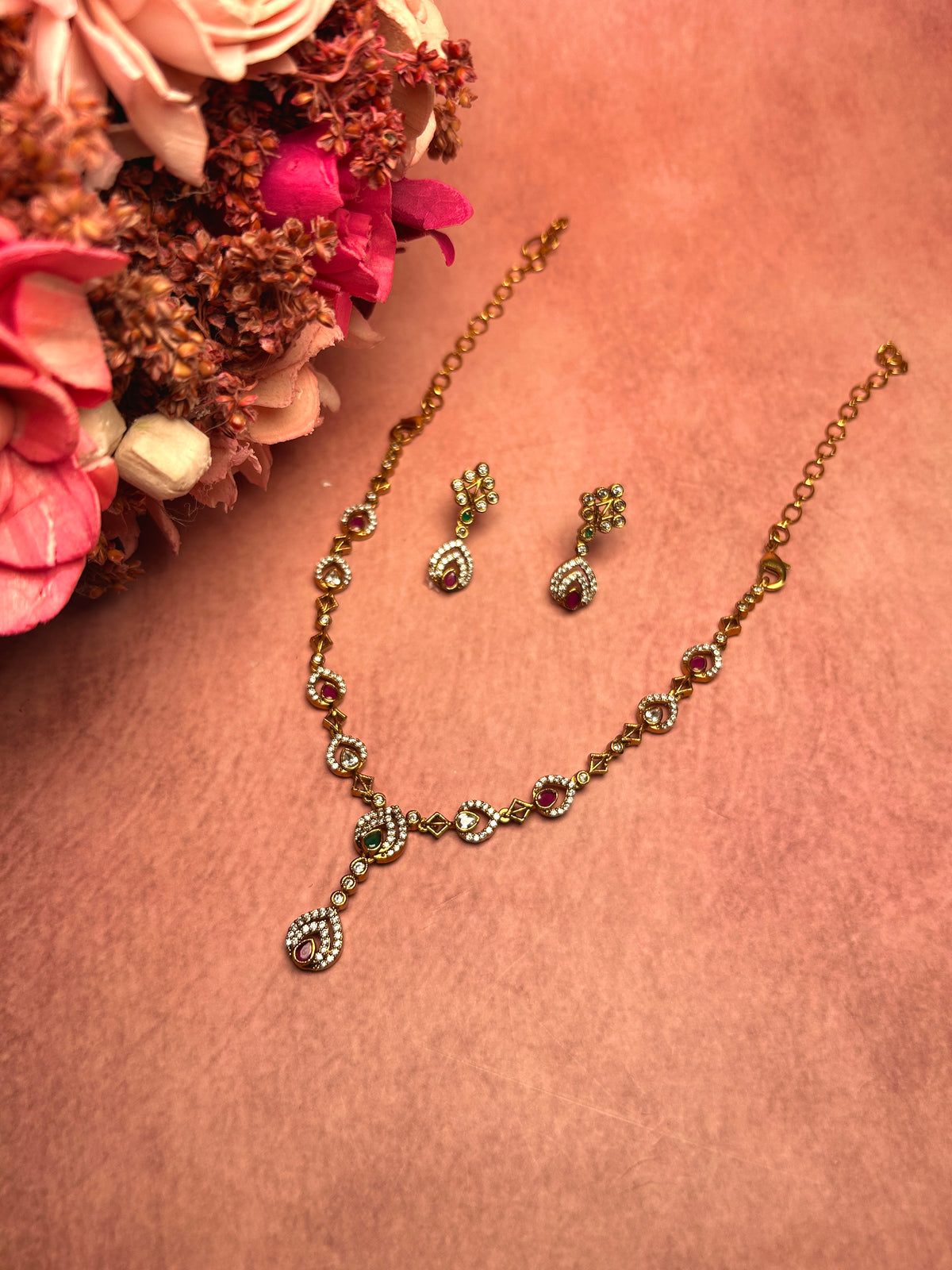 Elegant Tri Colour AD Gold Toned Necklace Set