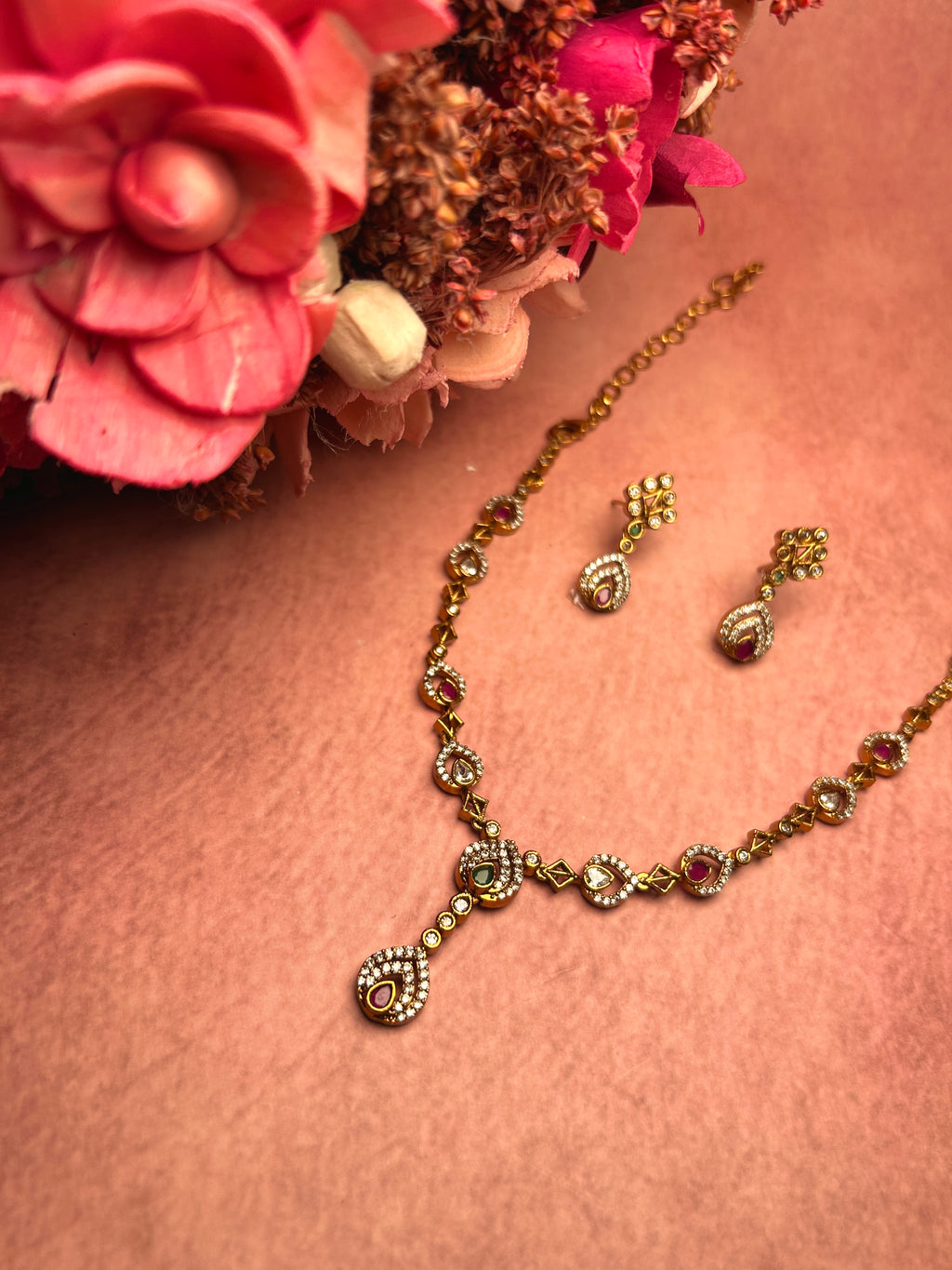 Elegant Tri Colour AD Gold Toned Necklace Set