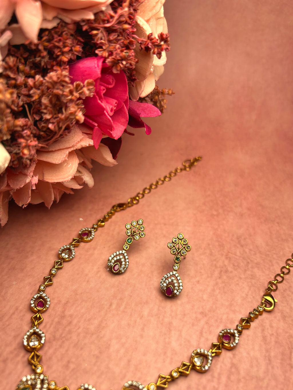 Elegant Tri Colour AD Gold Toned Necklace Set