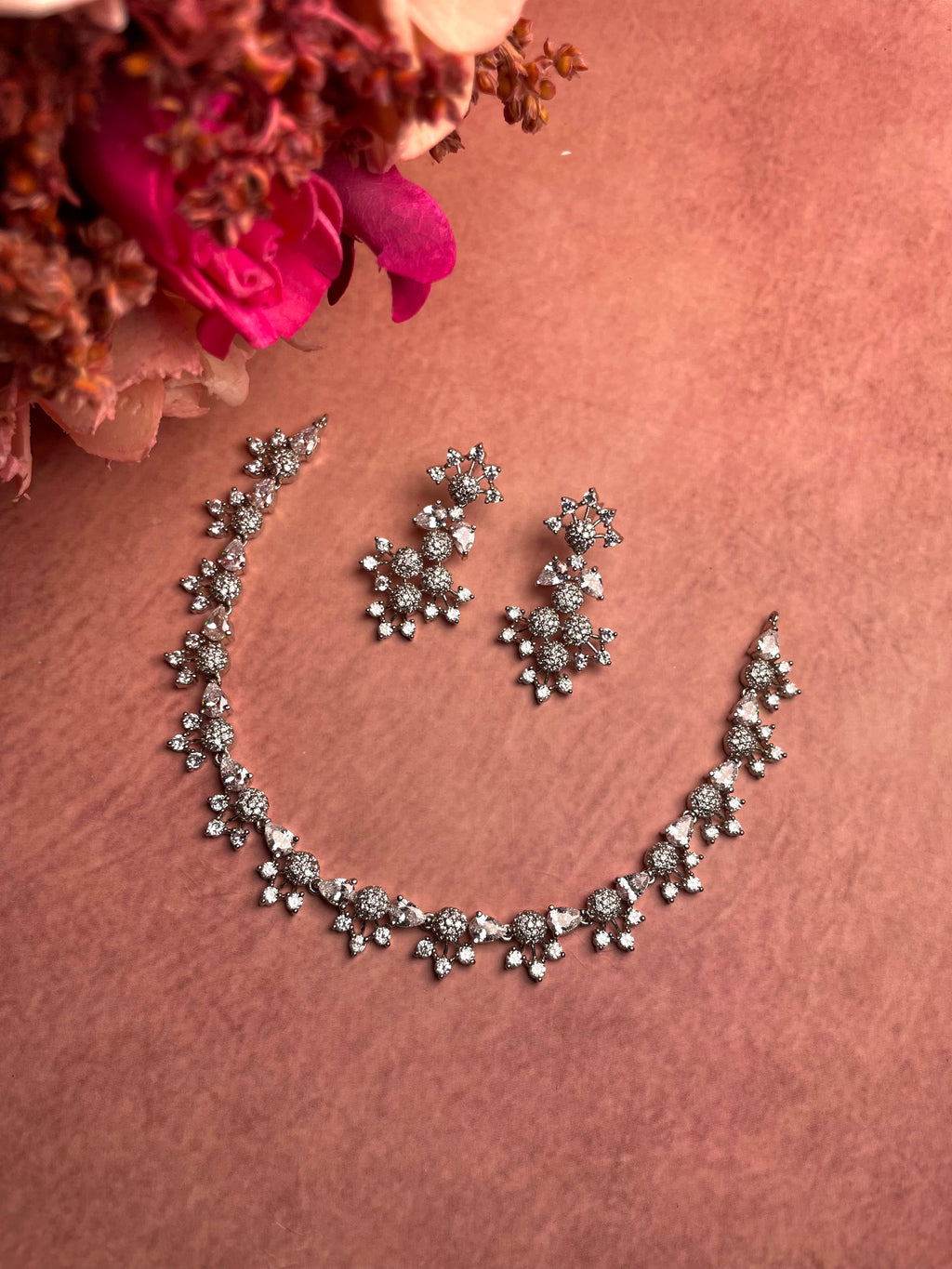 Crystal Bloom AD Silver Toned Necklace Set