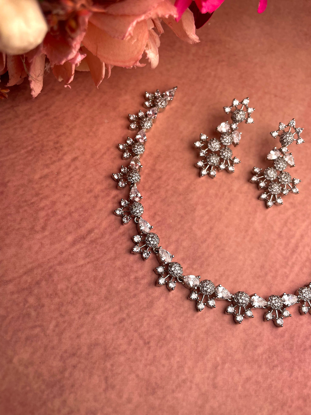 Crystal Bloom AD Silver Toned Necklace Set
