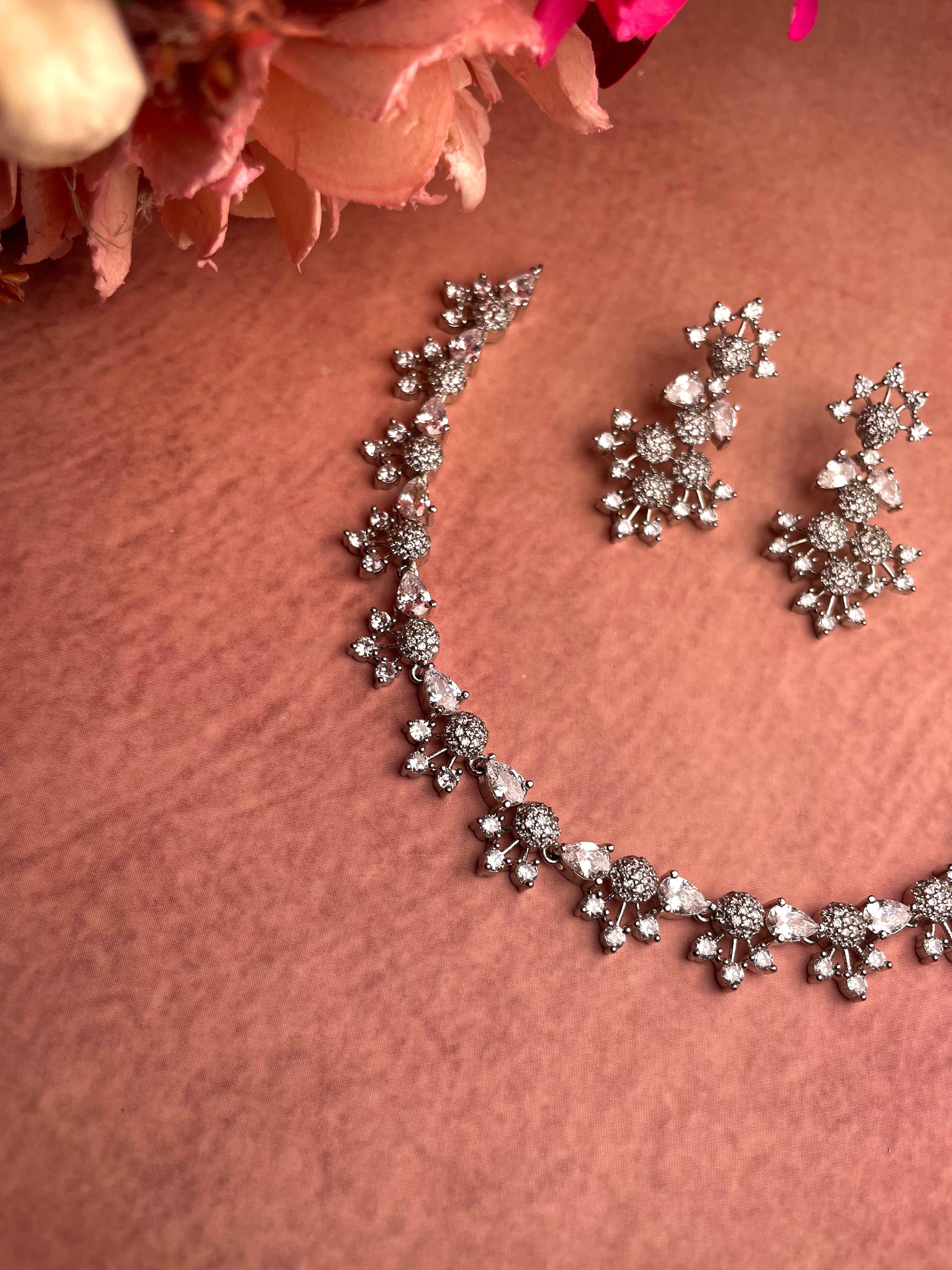 Crystal Bloom AD Silver Toned Necklace Set