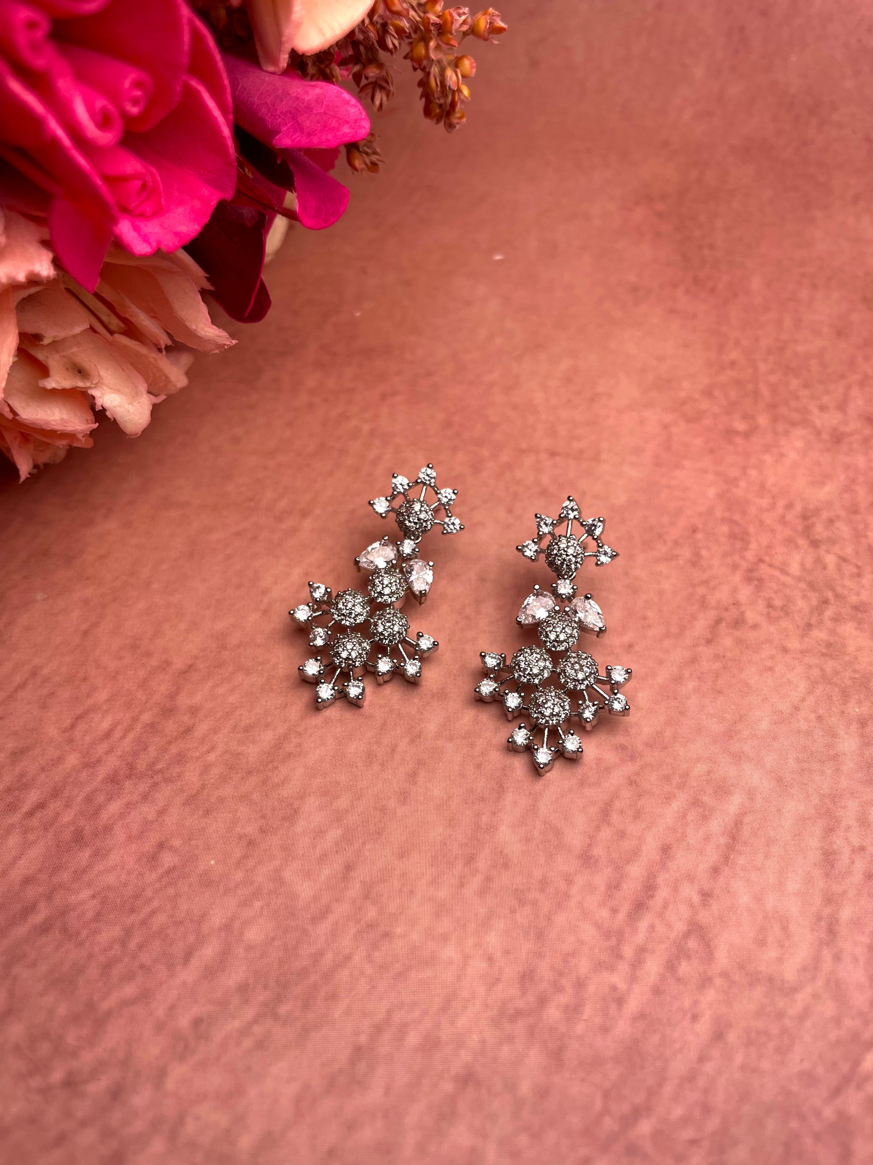 Crystal Bloom AD Silver Toned Necklace Set