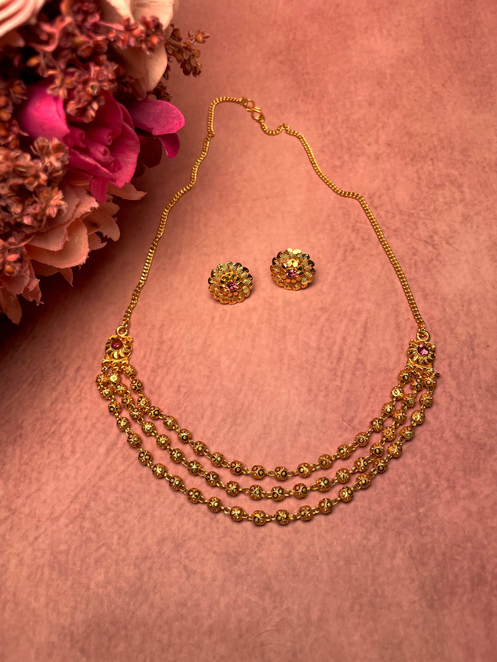 Gold Spherical Bead Necklace Set