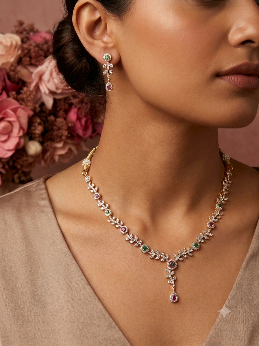 Intricate Zirconia Multi Leaf Necklace Set