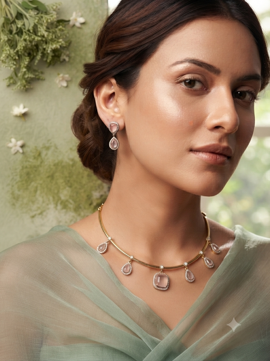 Blush Gemstone Dangling Hasli Choker Set